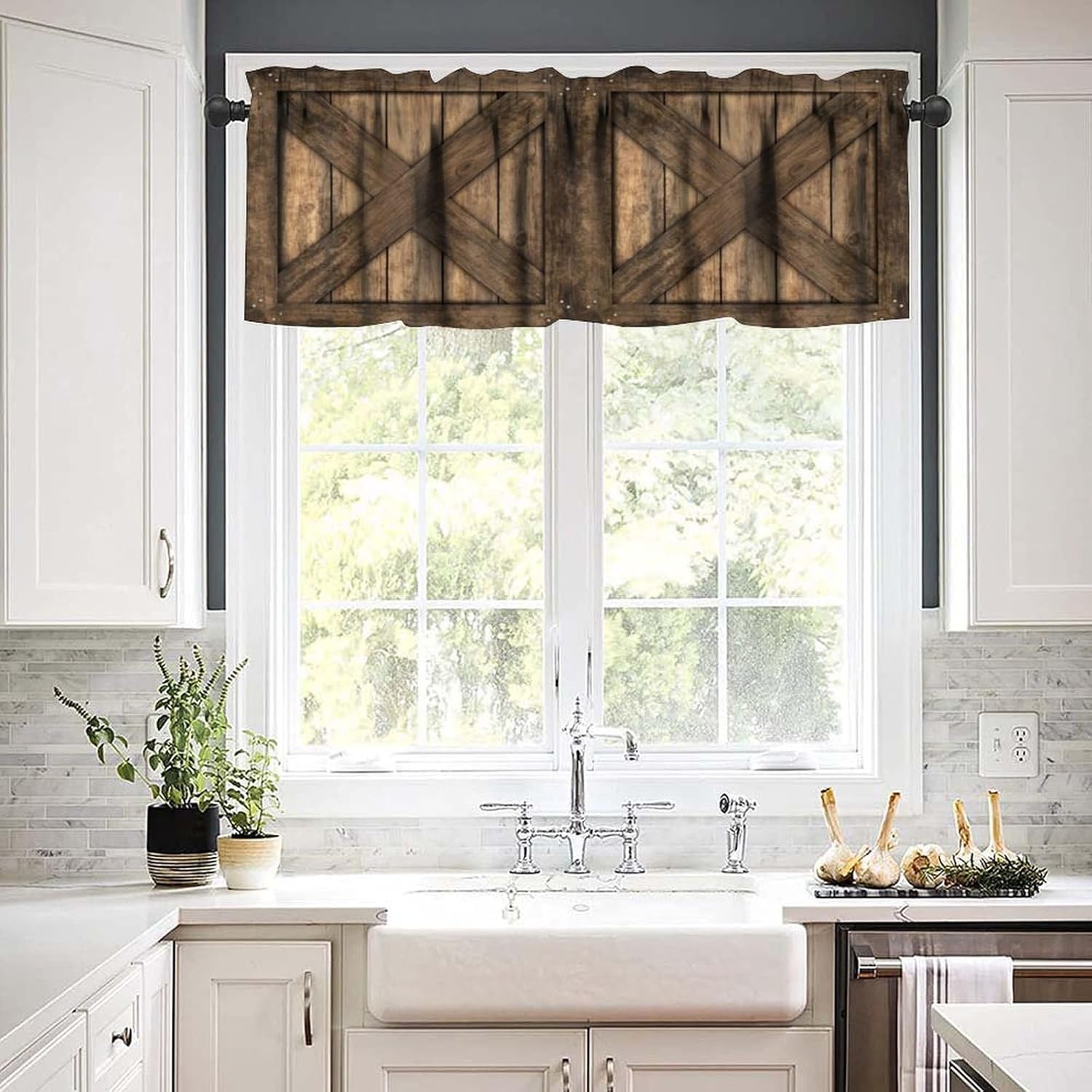 Old Barn Valances Curtain for Kitchen Cafe, Wooden Barn Door Garage Door Window Treatment Valances Short Curtains Rod Pocket Drape for Dining Room Home Farmhouse Decor, 54x18inch - Image 6