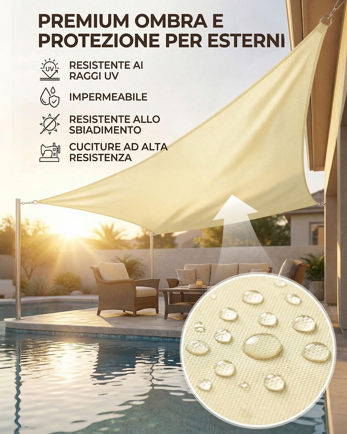 Vela d’Ombra Rettangolare 3x4m con Accessori di Montaggio, HDPE Impermeabile e Antivento, Protezione UV, Antistrappo, Traspirante, Per Balcone, Giardino e Terrazza, Beige