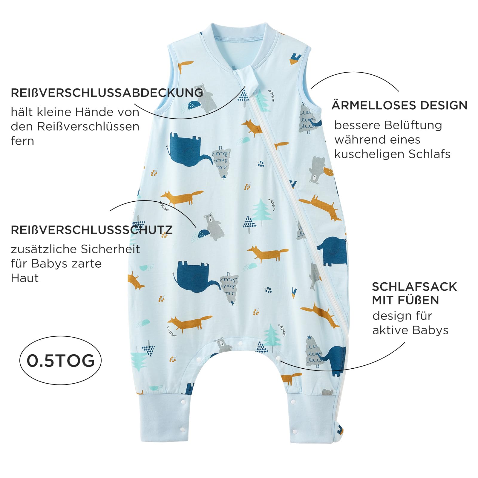 Duomiaomiao Sacco nanna estivo con gambe, 0,5 TOG, 100% cotone, coperta indossabile per bambini, 2-3 anni, elefante