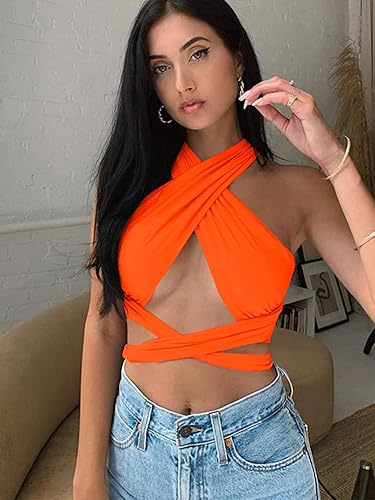 Miniatura 2 de ZAFUL - Ombliguera cruzada acanalada para mujer camiseta corta sin mangas con diseño fruncido, con lazos y estampado cruzado