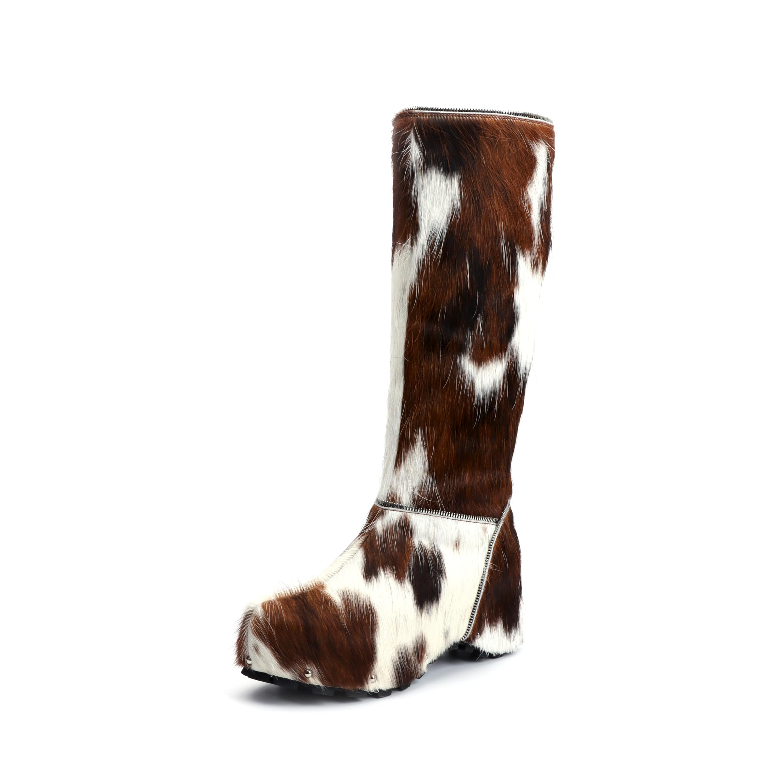 XOBZJH Womens Cowhide Calf Hair Knee-High Winter Boots Wool-Lined Warm Fur Snow Boots with Built-In Waterproof Platform Anti-Slip