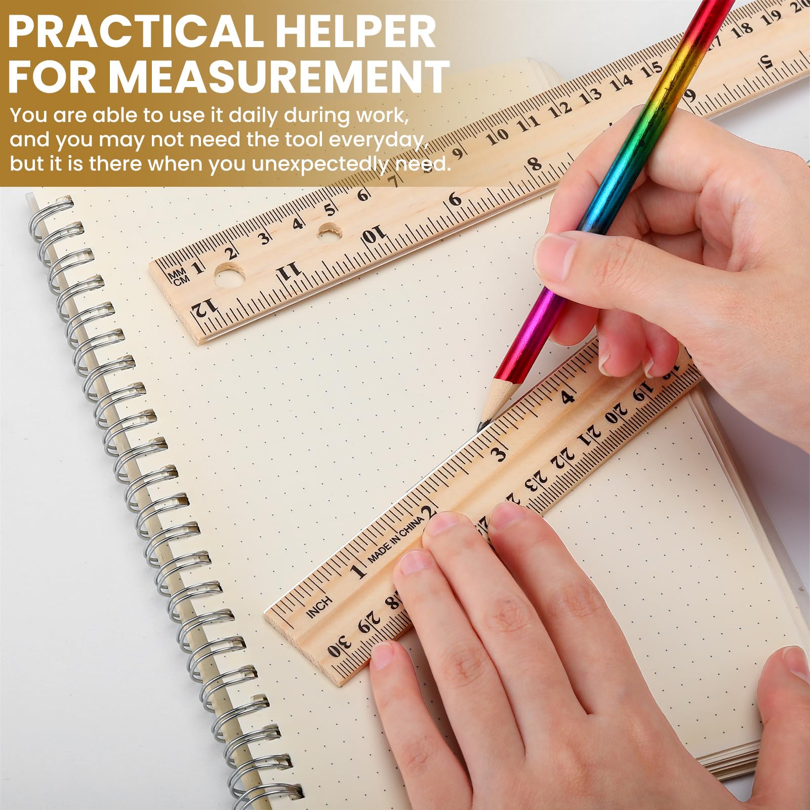 12 Pack 12 Pack Christmas Wooden Ruler Gifts 12 Inch (30cm) Bulk Wood Measuring Ruler Straight Metal Edge with 4 Holes for Teacher School Office Drafting Classroom Supplies, 2 Scale