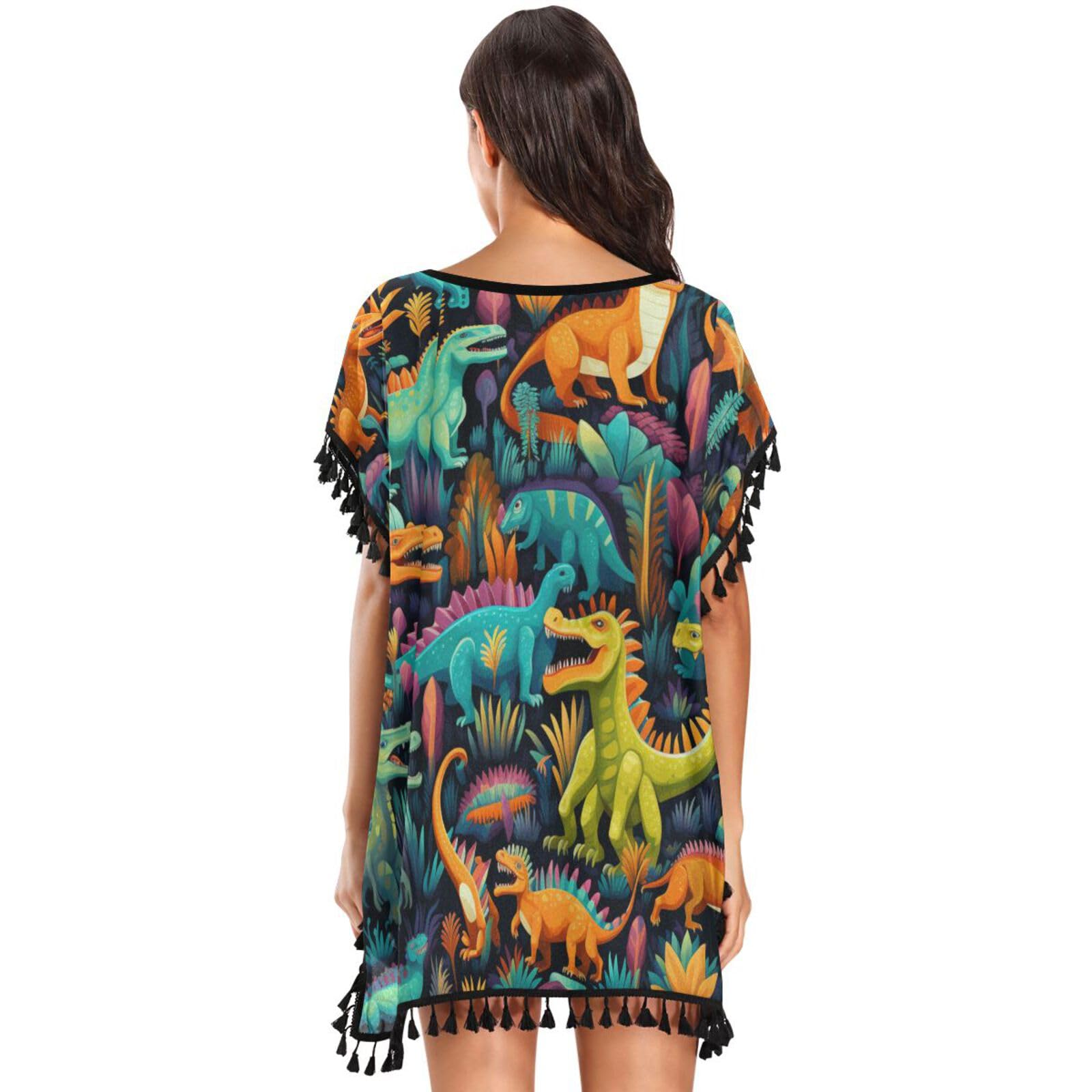 KAAVIYO Colorful Cartoon Dinosaurs Women's Beach Cover Up Chiffon Tassel Swimwear Swimsuit Coverups for Girl
