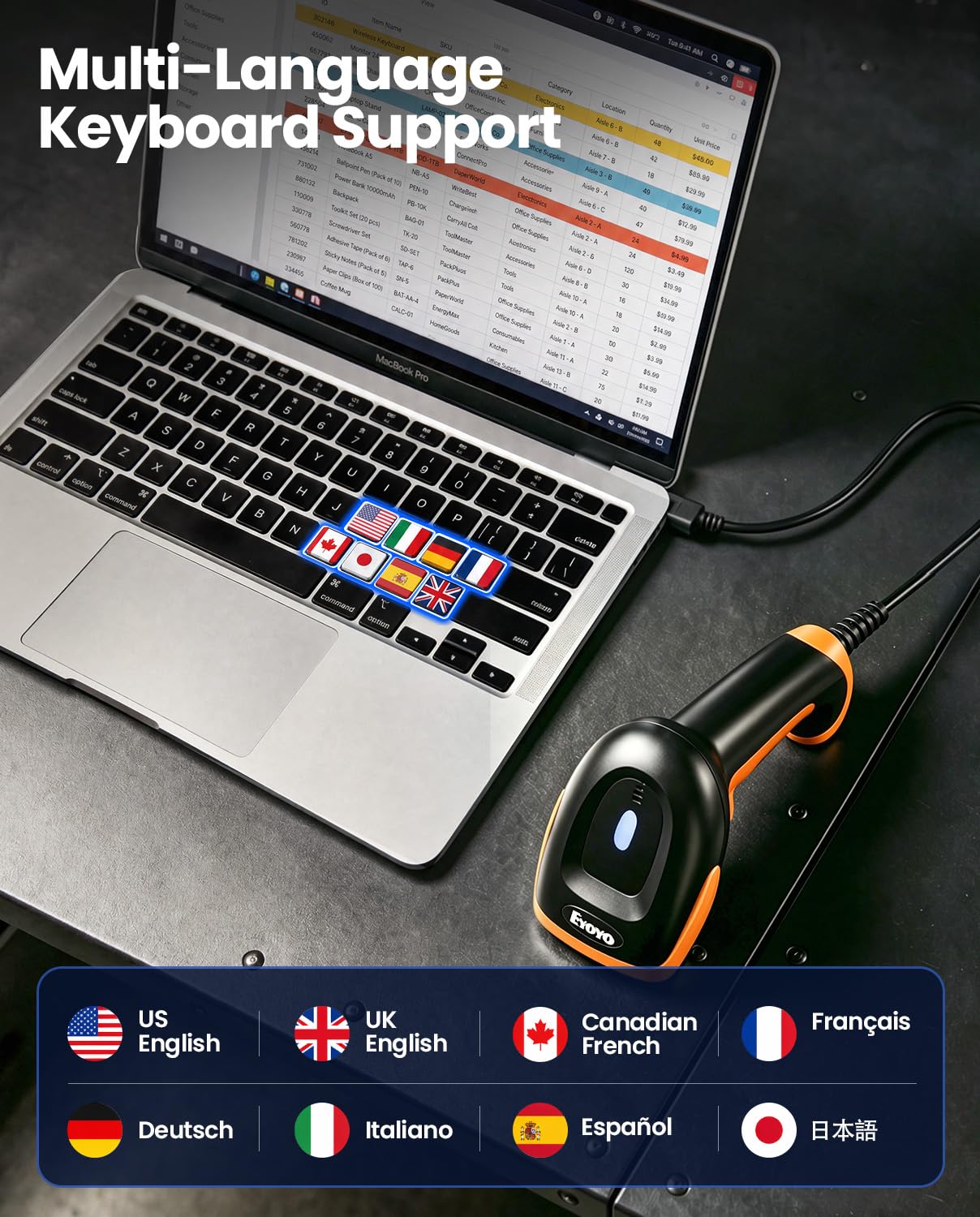 Eyoyo Barcode Scanner 1D 2D QR kabelgebunden, QR Code Scanner Handheld Barcode Leser für PC, Mac, Laptop (Orange)