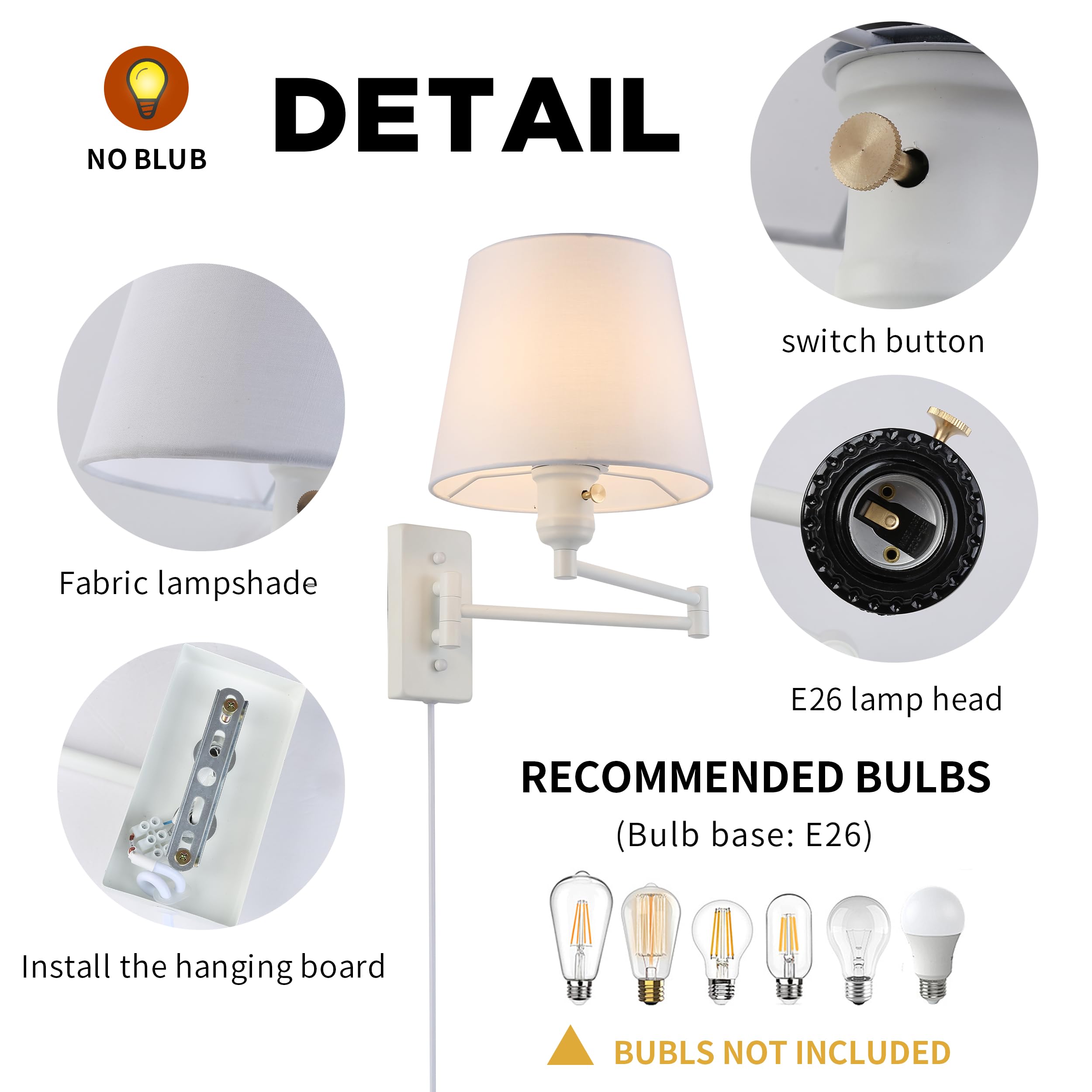 SUNLLOK Swing Arm Wall Sconces, Silver Wall Lamp with Plug in Cord and Switch - Image 4