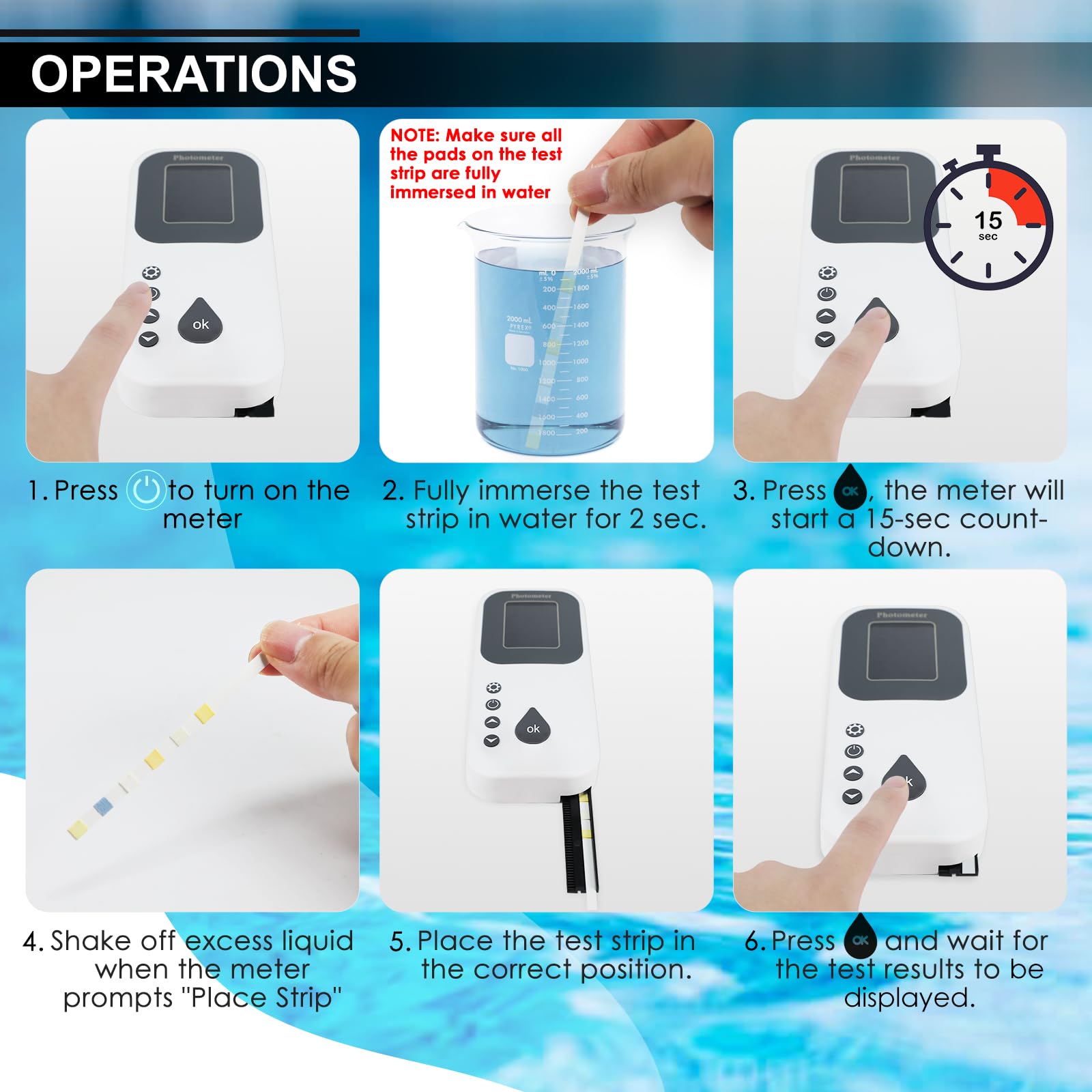 Analizzatore Acqua Digitale per Piscina e Spa Test Kit Professionale per Cloro Libero e Totale, pH, Durezza, Alcalinità, Acido Cianurico, Bromo Tecnologia Fotoelettrica Include Strisce Reattive