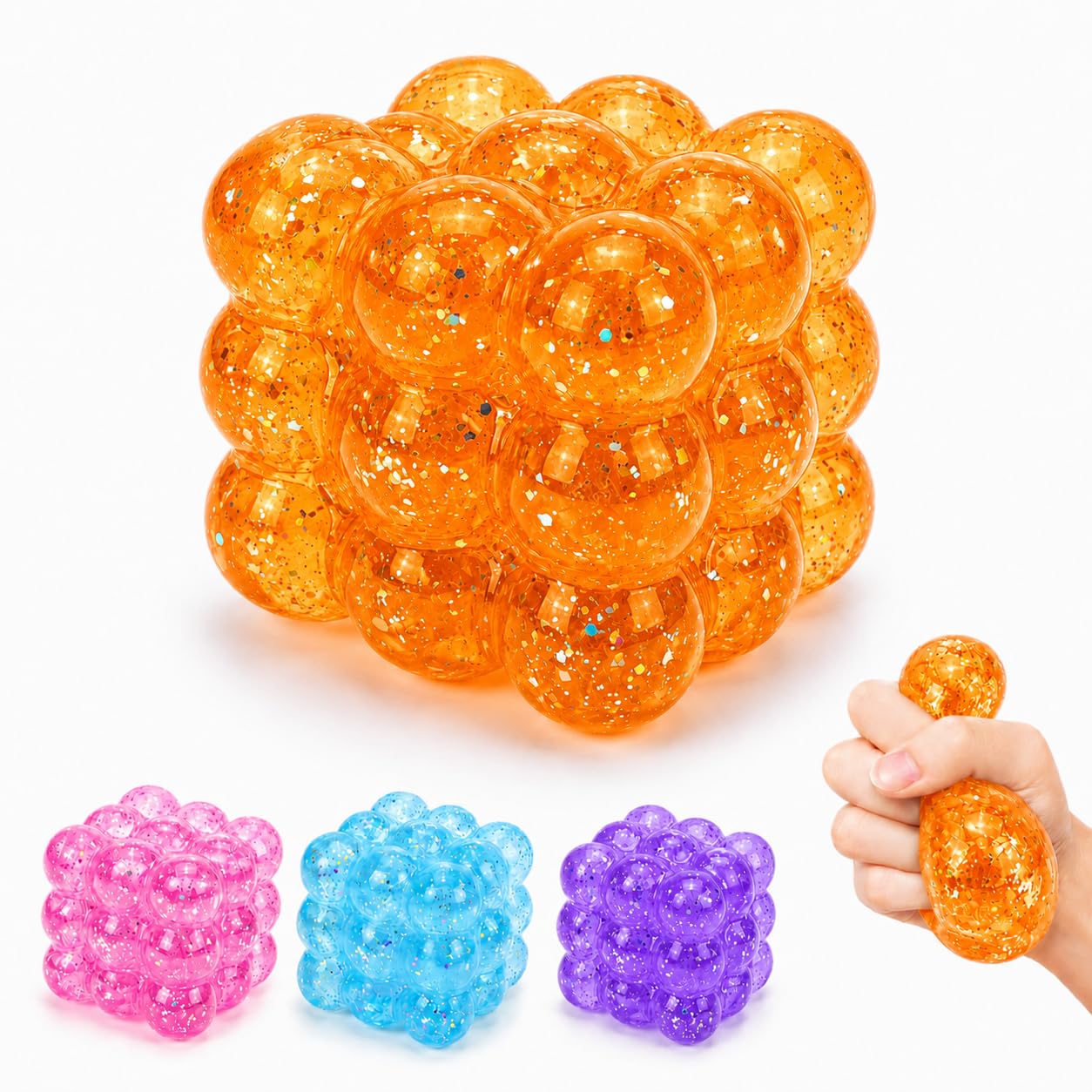 Glitter Squishy Ice Cube Fidget Toys, Slow Rising Stress Reliefll Ball, Sensory Fidget Toys for Anxiety Stress Relief, Square Shape Squeeze Toy for Adults Kids, Classroom Prizes, Party Favors(orange) — image 1