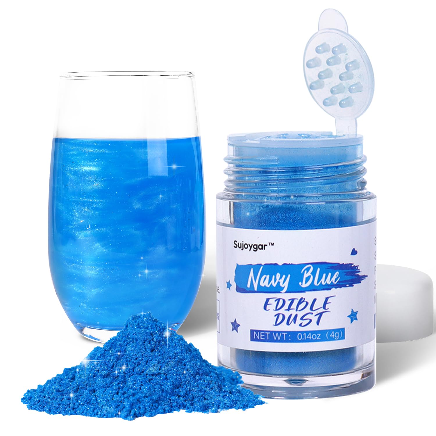 Navy Blue Edible Glitter For Drinks, 4g, Sujoygar Food Grade, Shimmer Dust Powders for Cake Decorating, Cocktail, Chocolates, Beer, Strawberries, Baking