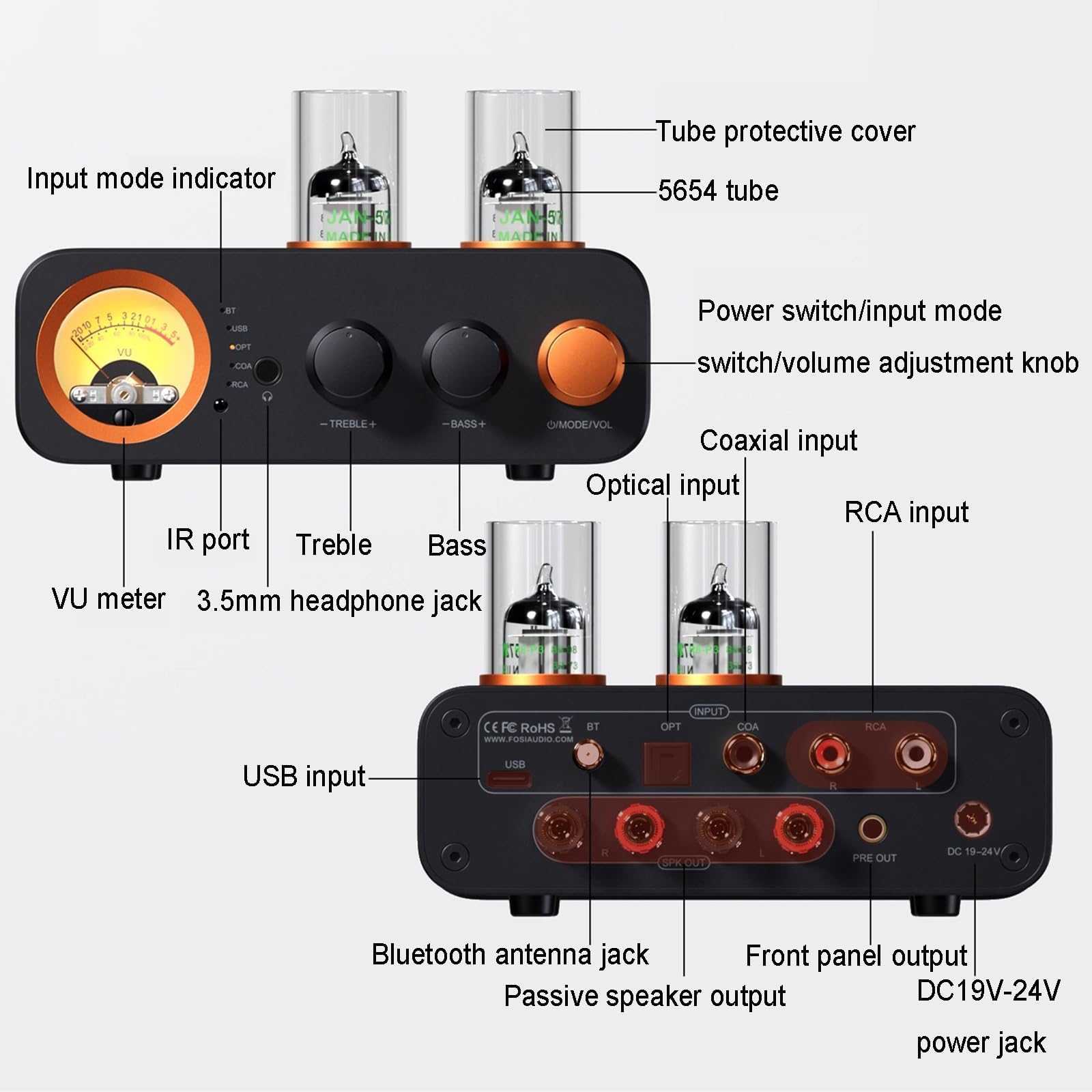 Amplificador integrado de tubo con Bluetooth, múltiples entradas y control remoto para altavoces pasivos domésticos