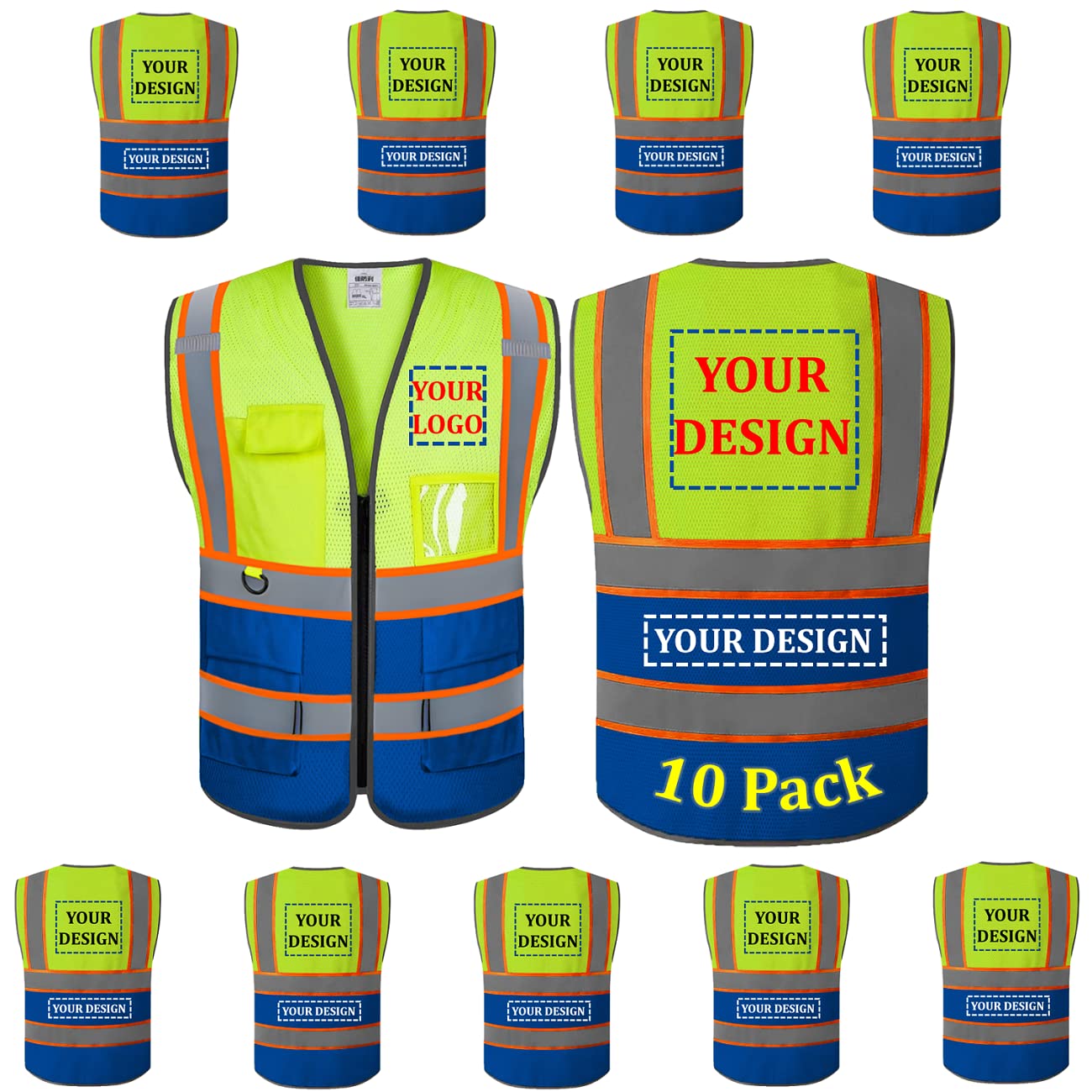 10 Pack Custom Safety Vest Customized Logo Mesh Vest Class 2 High Visibility Reflective Vest with Pockets Workwear（Yellow Blue，L ）