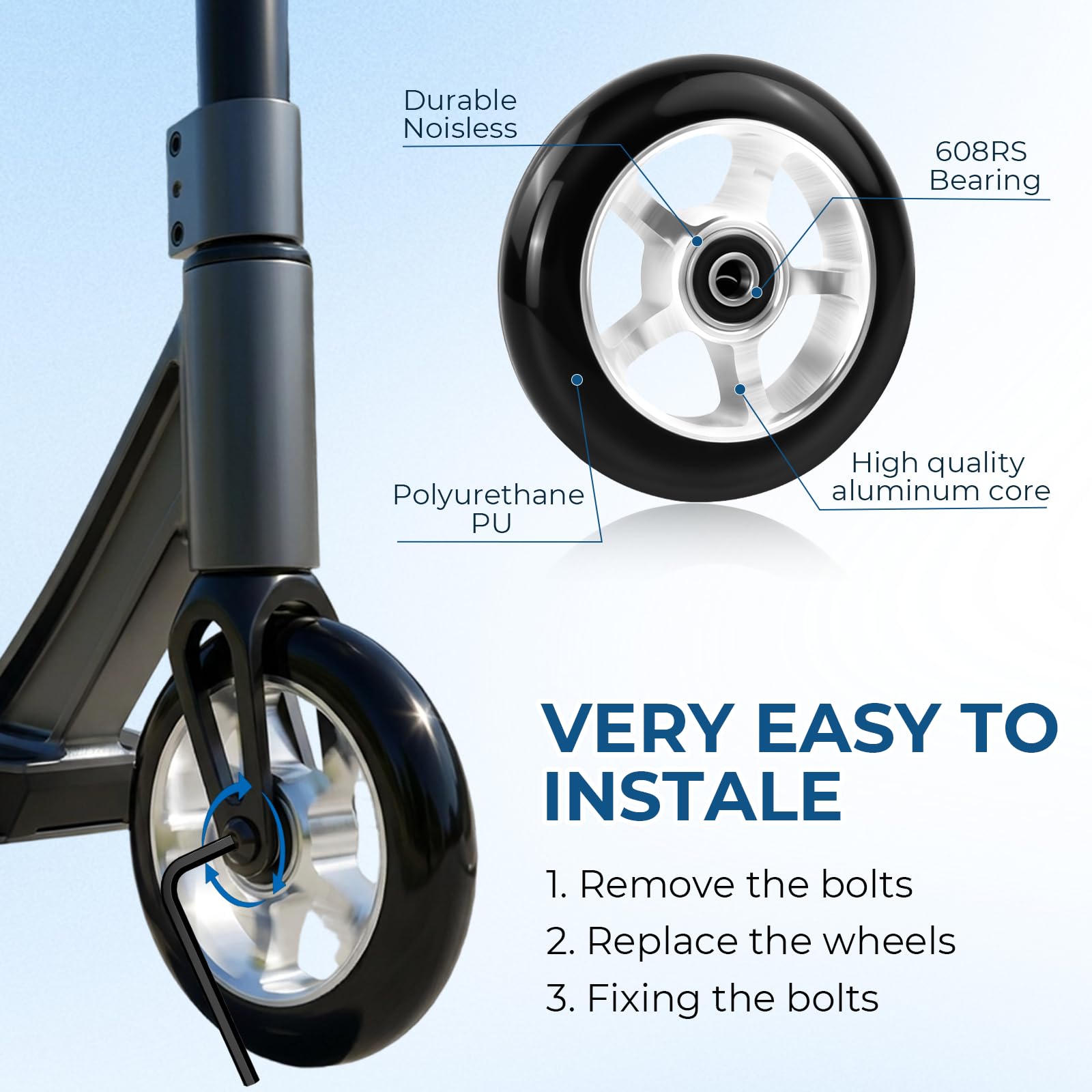 2 pezzi Ruote 100 mm per freestyle Scooter, Monopattino Freestyle Ricambio Rotelle, Ruote Carrello per Bagagli, Ruote Trolley Ricambio Alluminio, Ruote per Pattini in Linea Scooter 100 x 24mm