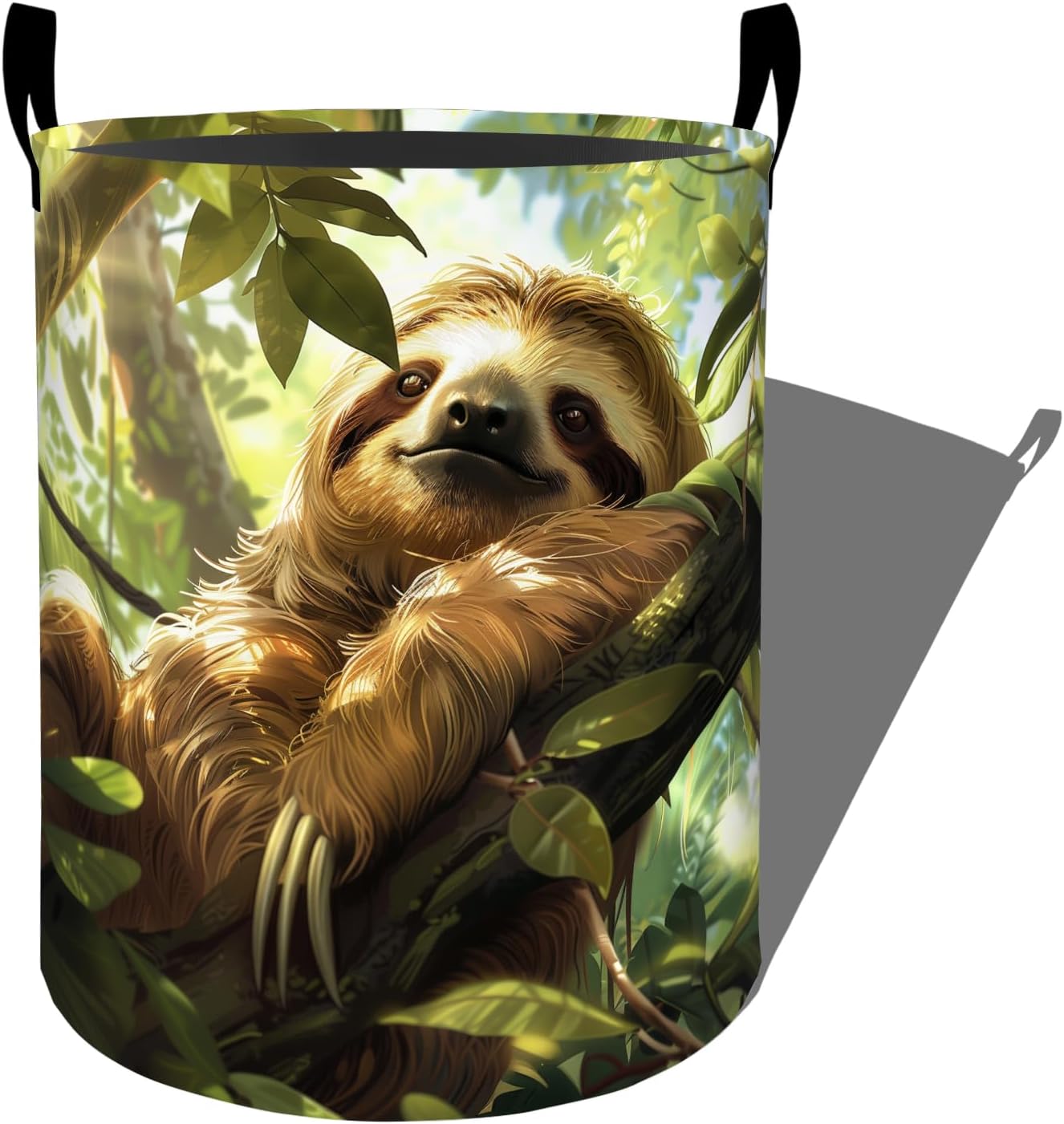 Relaxed Sloth in Lush Green Forest Laundry Basket with Handles, 19.7"x15.7" Clothes Foldable Laundry Hamper Organizer for Dorm Nursery Bedroom Bathroom Decor, Toy Storage Bin for Kids