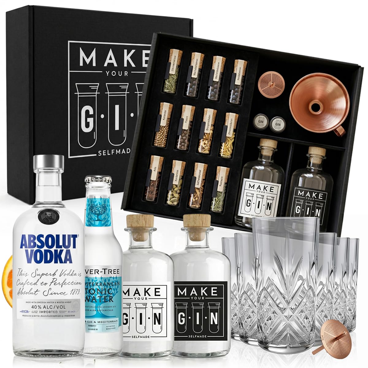 Make Your Gin Geschenkset schwarz -Absolut Vodka, Fever-Tree Mediterranean Tonic Water 500ml + Botanicals - Kopi Luwak von freilebenden Tieren+ Bar Trichter + Anleitung mit Rezept + 6x Longdrinkglas
