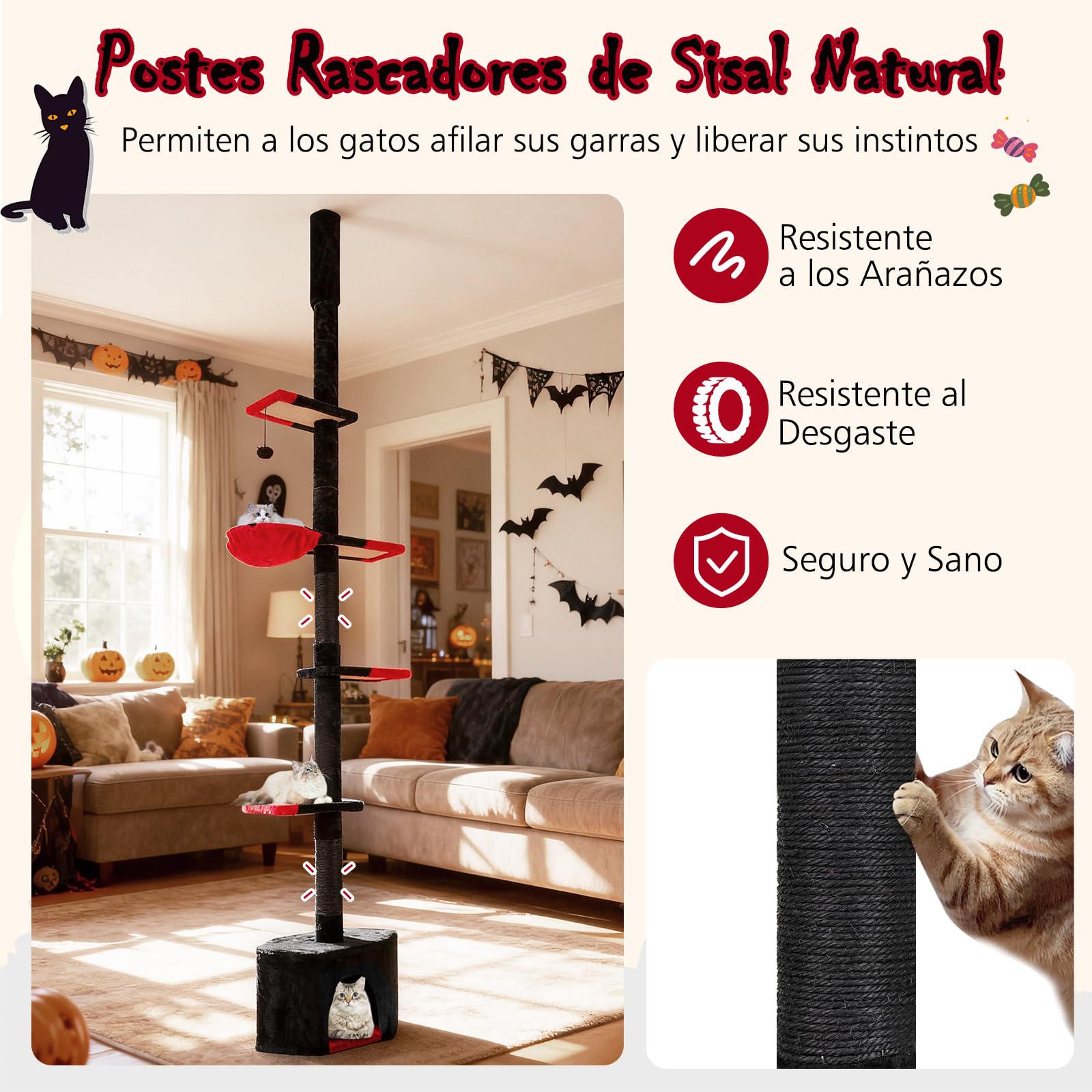COSTWAY Árbol Rascador para Gatos Gótico de Suelo a Techo, Ajustable de 245-300 cm, Torre Alta de 5 Niveles con Caseta, Hamaca, Postes Rascadores de Sisal, Bola Colgante, Casa de Juegos para Gatitos