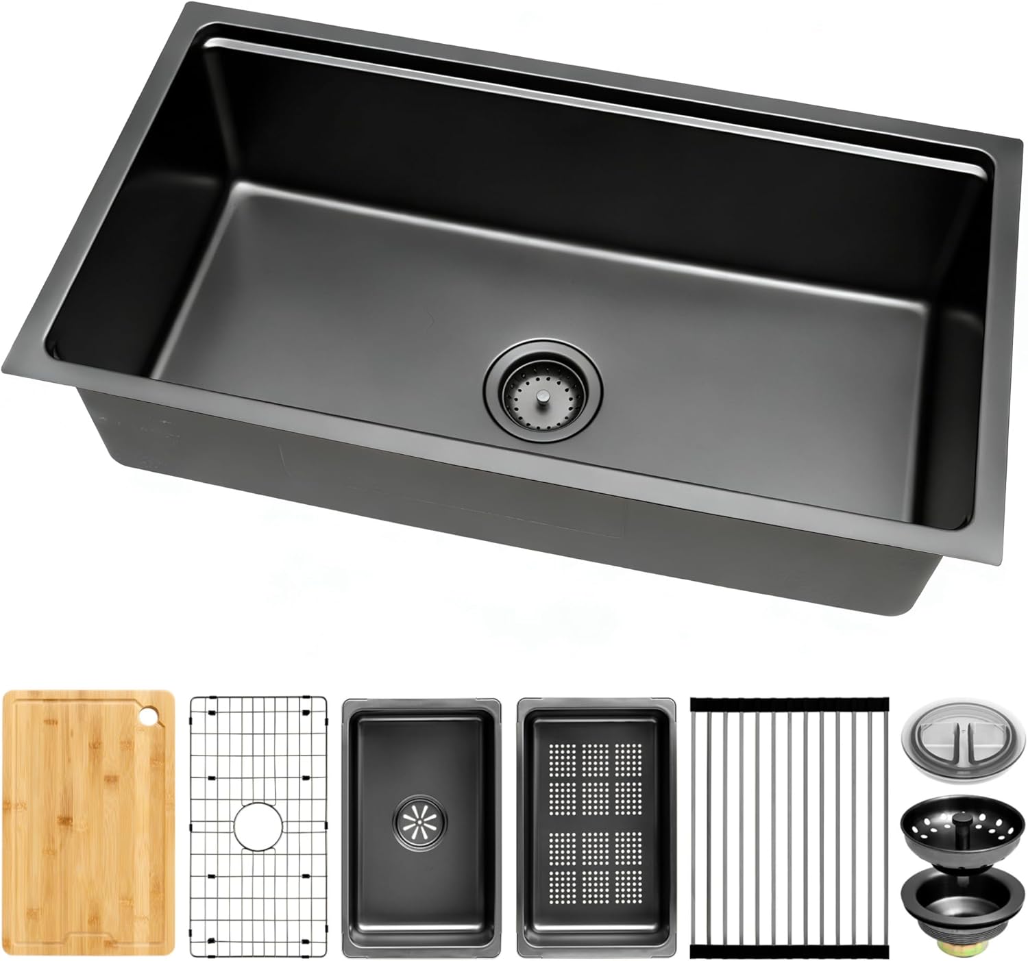 MILOSEN Black Undermount Kitchen Sink, 32x18 inch T304 Black Stainless Steel Workstation Sink, Single Bowl Kitchen Sinks with Bottom Grid and Strainer, 9 inch Deep and Large Modern Sinks