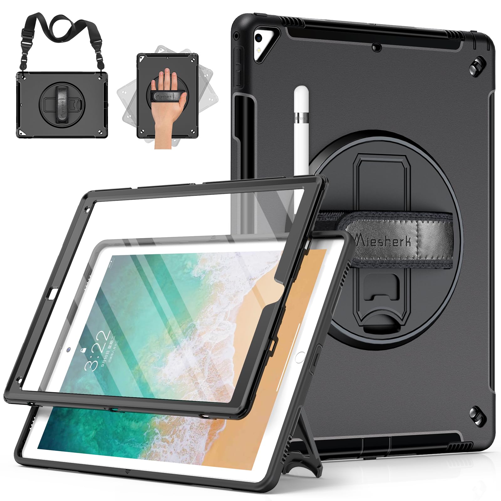 Miesherk Custodia Case per iPad Pro 12.9 2a/1a Generazione 2017/2015: Robusta Protettiva Antiurto Militare per iPad Pro 12.9 Pollici-Portapenne-Supporto Rotante-Tracolla da Mano/Tracolla-Nero