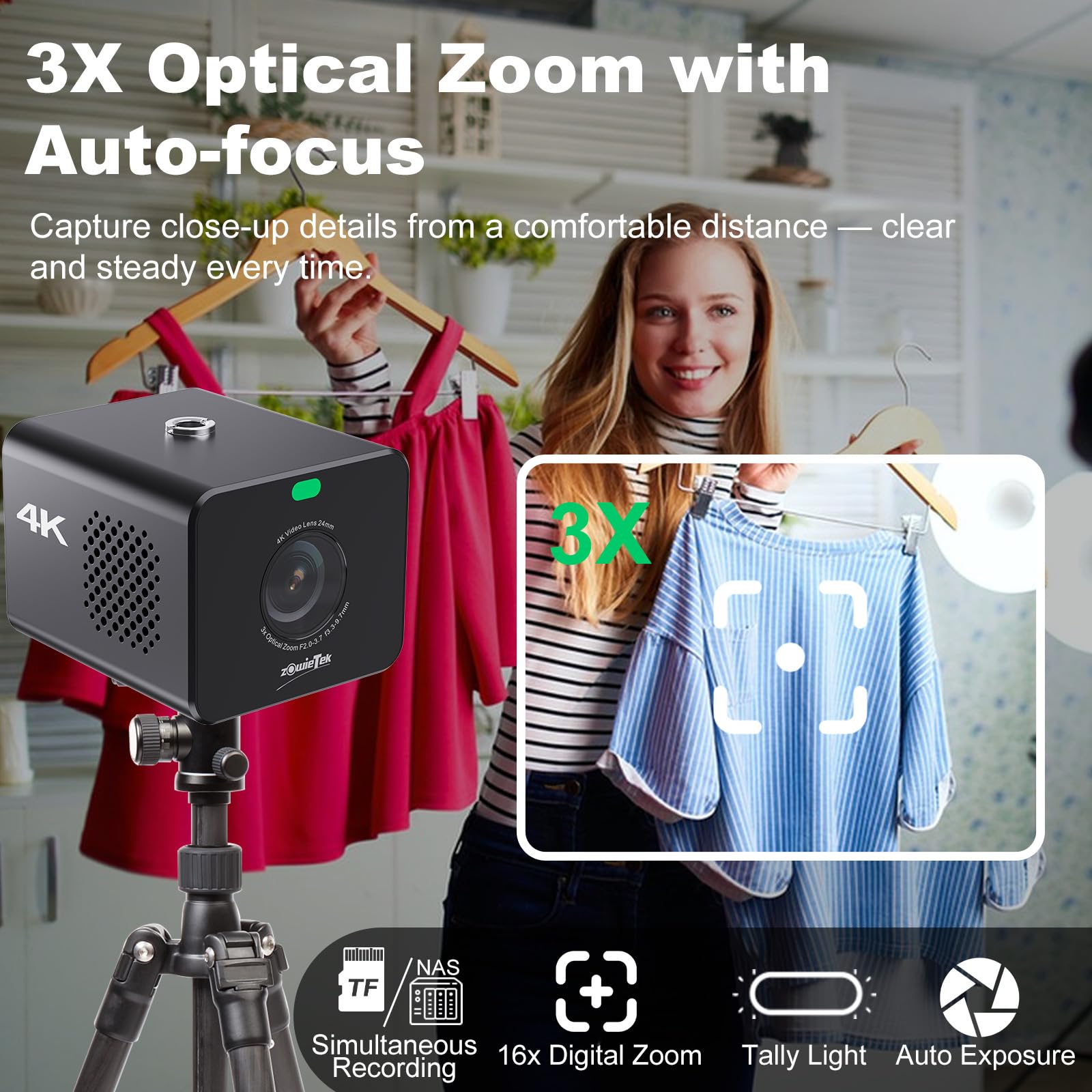zowietek Kamera 4K POV z zoomem NDI|HX3, ZowieCam, automatyczne ustawianie ostrości, wyjście SDI, HDMI i UVC, 3-krotny zoom optyczny, kompaktowy rozmiar, mobilne elastyczne sterowanie, zasilanie PoE