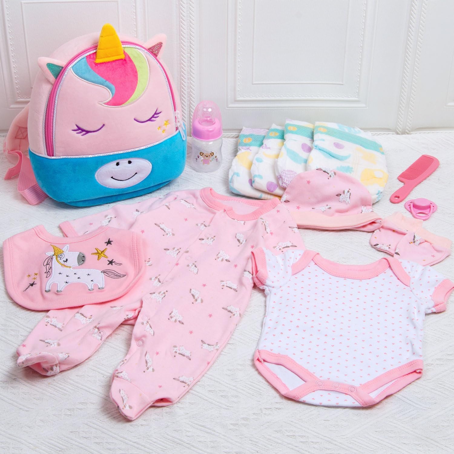 13 Pcs Reborn Baby Dolls Girl Clothes Accessories Pink Unicorn Theme Outfit Set for 17-22 Inch Reborn Dolls Newborn Girl with Unicorn Backpack Diaper