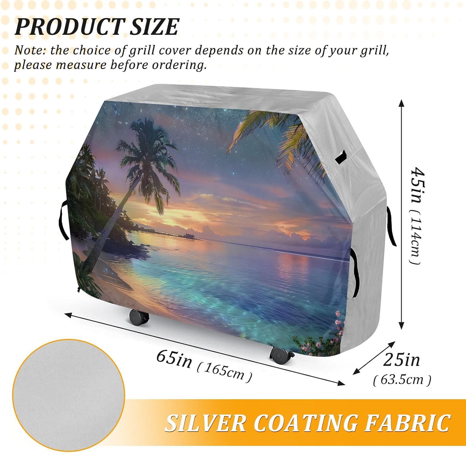 Premium Grill Cover Waterproof Barbecue Cover Fade Resistant BBQ Cover Heavy Duty Fits Grill Widths Up to 25 in (Sea Water Beaches Palm Trees Tropical Flowers)
