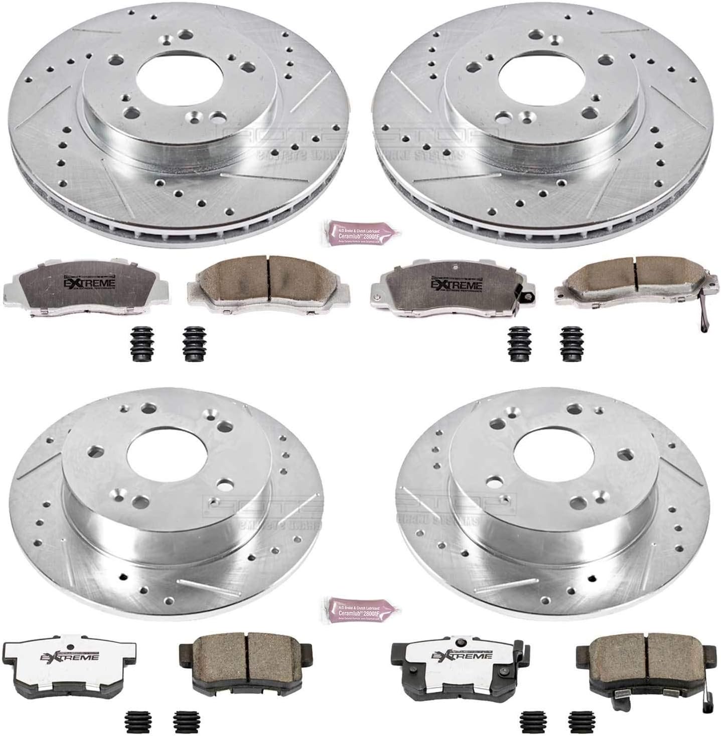 PowerStop Front and Rear Brake Kit For Acura Integra 1997-01 - Carbon Fiber Ceramic Brake Pads + Drilled & Slotted Rotors Upgrade, K707-26
