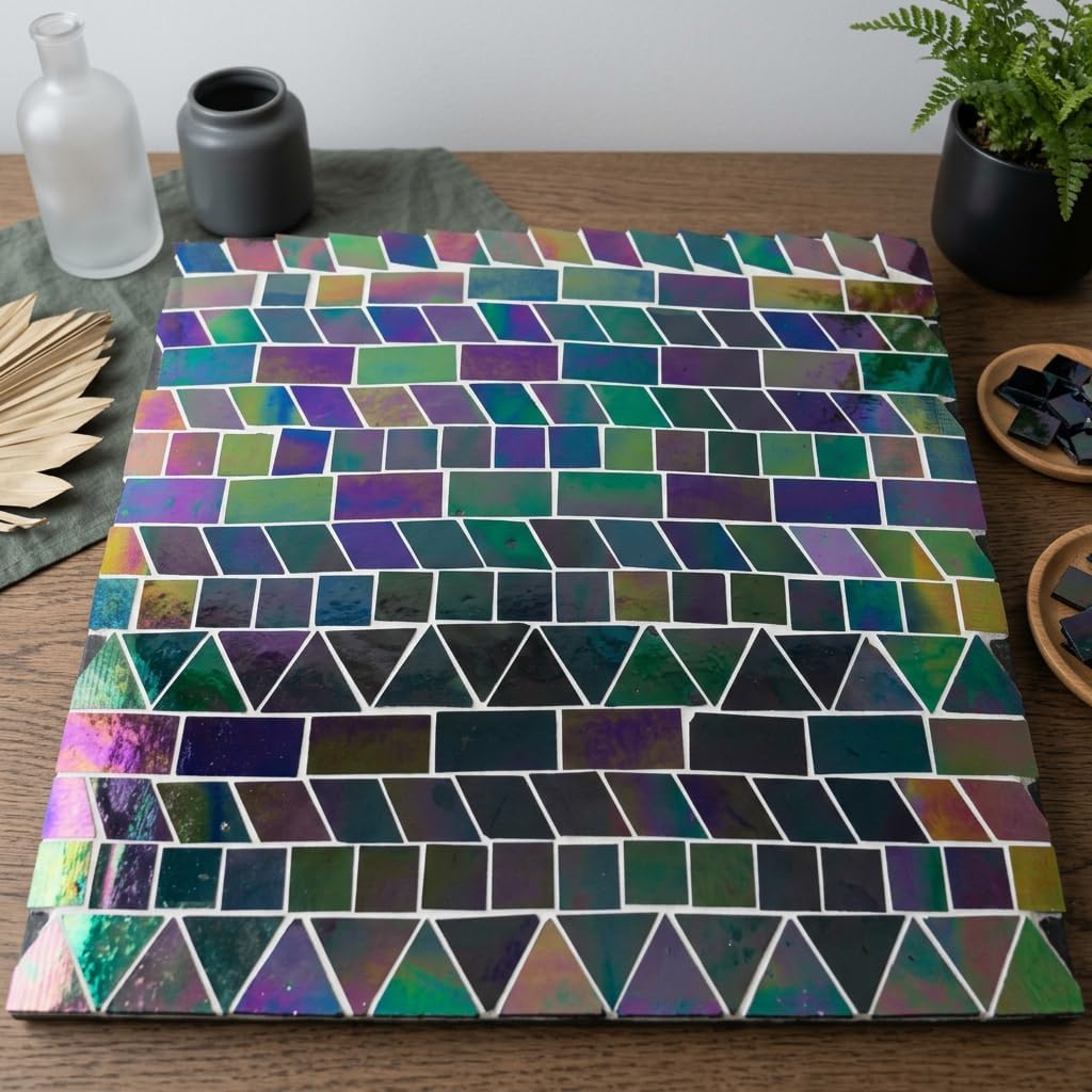 Iridescent Glass Mosaic Tiles - 200g Premium Shimmering Craft Tiles for DIY Projects, Handcrafted Stained Glass Pieces for Home Decor, Coasters, and Stepping Stones (Iridescent Cosmic Black)
