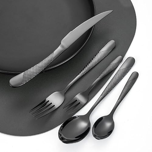 Miniatura 6 de Juego de cubiertos martillados negros para 6 cubiertos de acero inoxidable a prueba de óxido, 18 piezas, tenedores y cucharas, utensilios de cocina