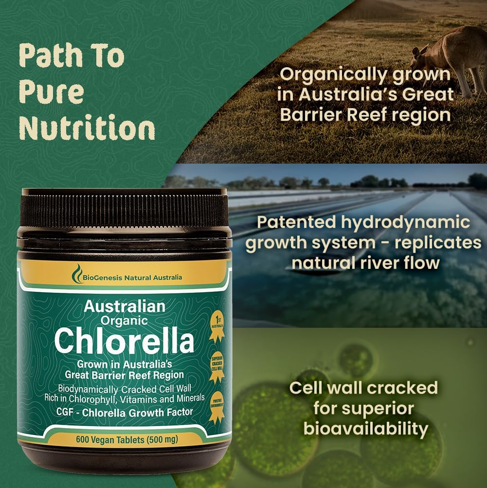 Biogenesis Organic Chlorella Tablets – 600 Count (500mg) | Australian Grown | BioDynamic Cracked Cell Wall | Rich in Chlorophyll, Vitamins & Minerals | Supports Energy & Immunity | Vegan Tablets