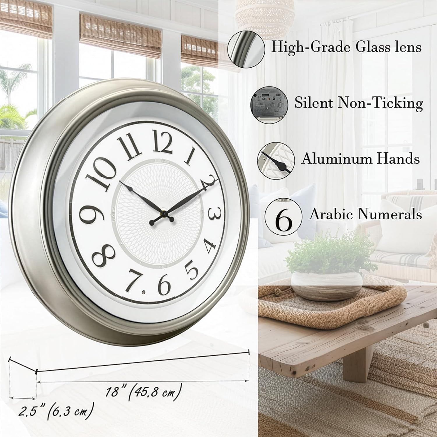 Galaxy 18" Large Luminous Atomic Clock with Night Light, Lighted Wall Clocks for Bedroom or Livng Room Decor,Morning Silver Finish,House Warming Gifts New Home