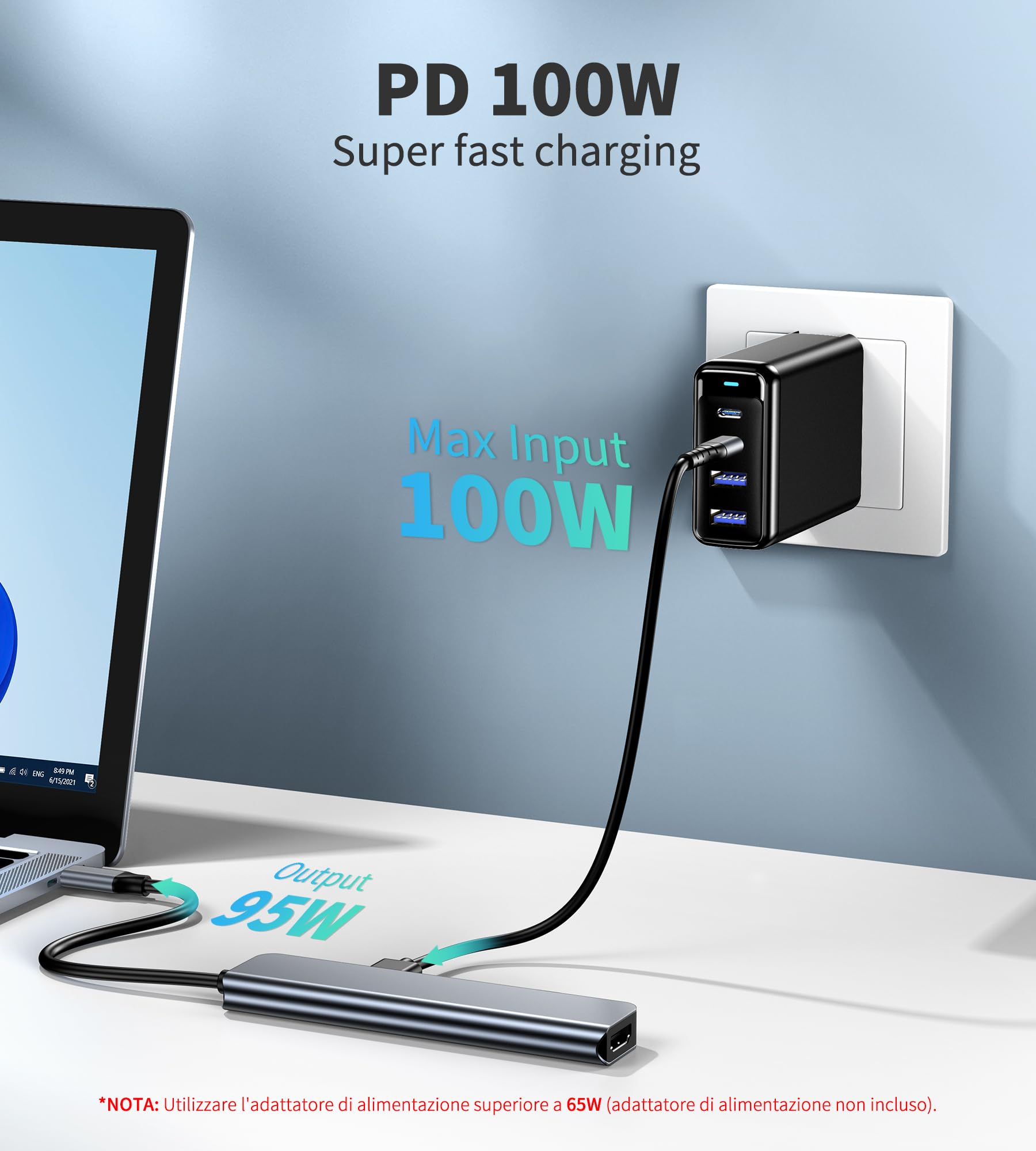 Hub USB C, adapter Multiport USB-C z 4K 60 Hz HDMI, 100 W PD, czytnik kart SD/TF, USB C Data, 2 x porty USB, stacja dokująca USB C do laptopa, MacBook Air/Pro, iPhone 15, iPad, Surface Pro, Steam Deck