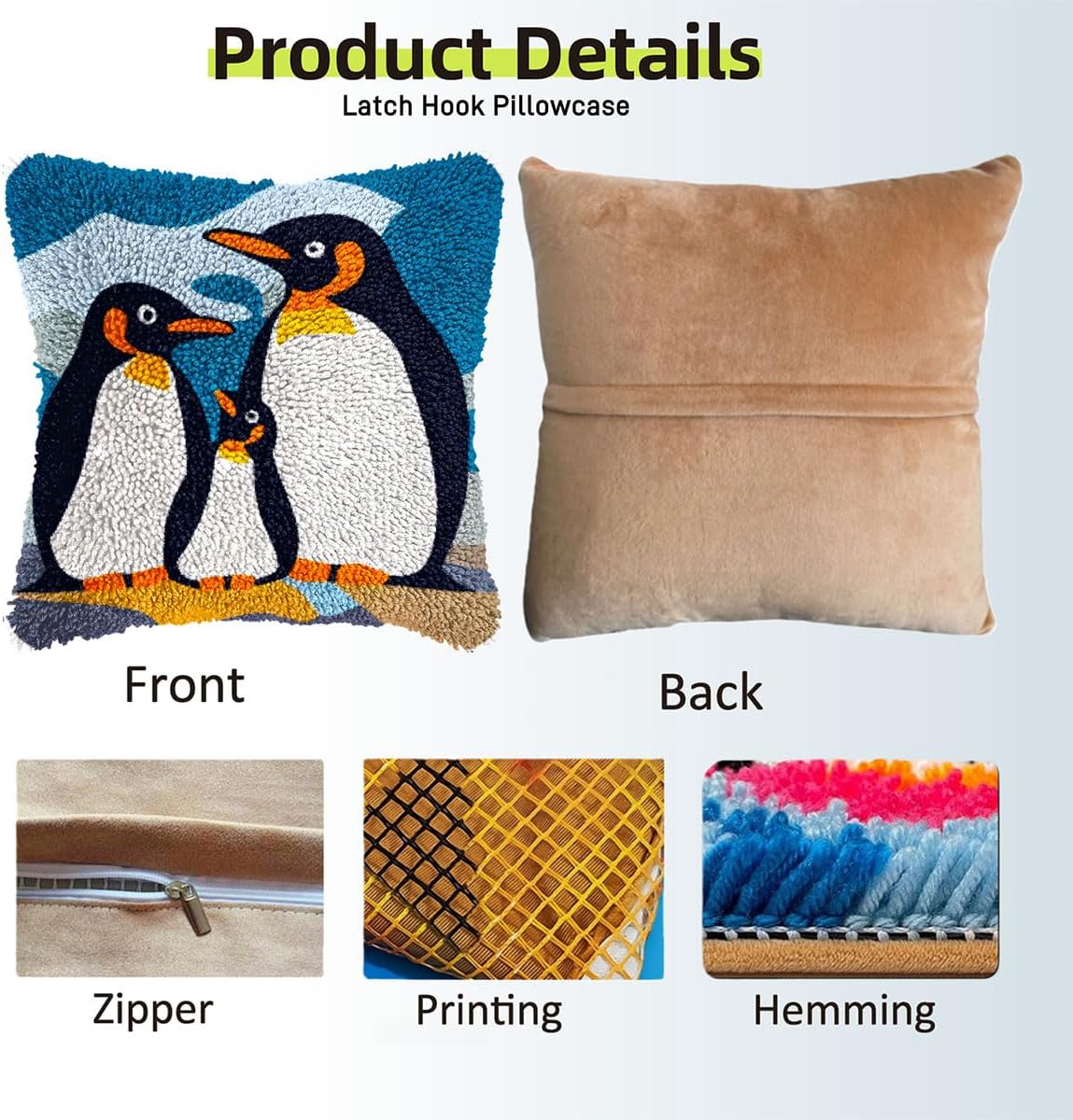 Latch Hook Pillow Kit for Adults with Cute Penguin Family Pattern DIY Crochet Craft Kit Pillowcase Cushion for Home Decor 17x17inch-3