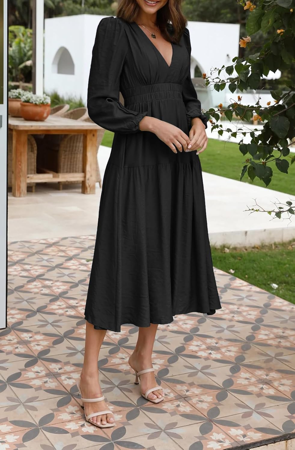 R.Vivimos Womens Casual Long Sleeve Midi Dress Deep V Neck Elastic Waist A-Line Tiered Flowy Elegant Dresses - Image 5