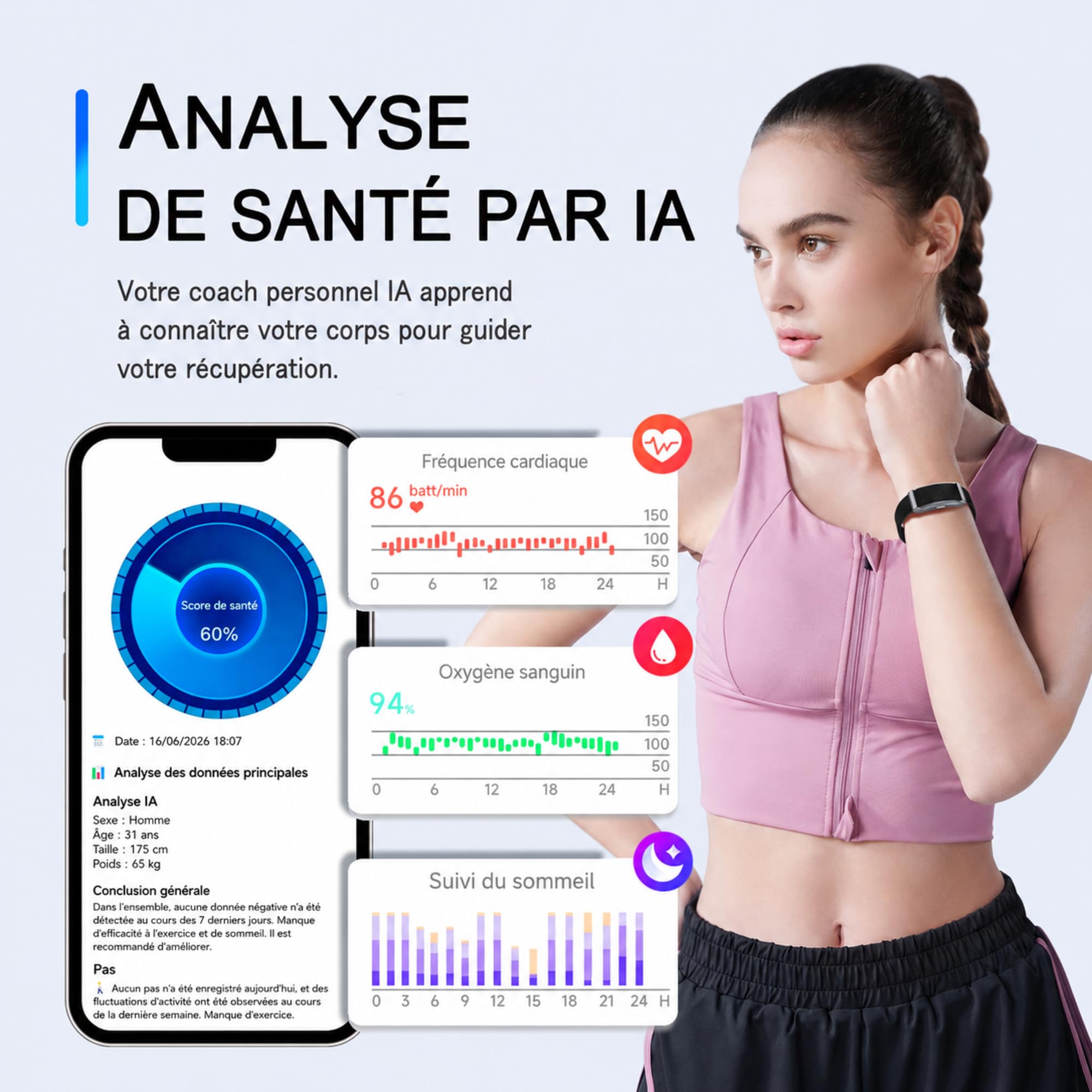 Fitness Tracker​, IP68 Bracelet Santé Connectée Homme Femme | 160+Sport, Rapport Santé l'IA, Surveillance 24h-Fréquence Cardiaque/SpO2/Stress/Sommeil, Appel/SMS Notification, APP Gratuite