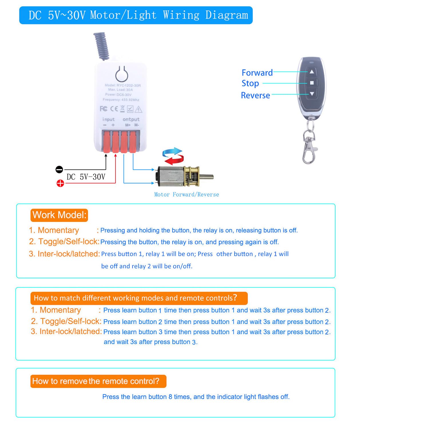 5V-30V 12V Commutateur de commande à distance avant/arrière pour moteur,mini-commutateurs relais sans fil récepteur, contrôleur d'actionneur linéaire pour à mouvement (Blanc)