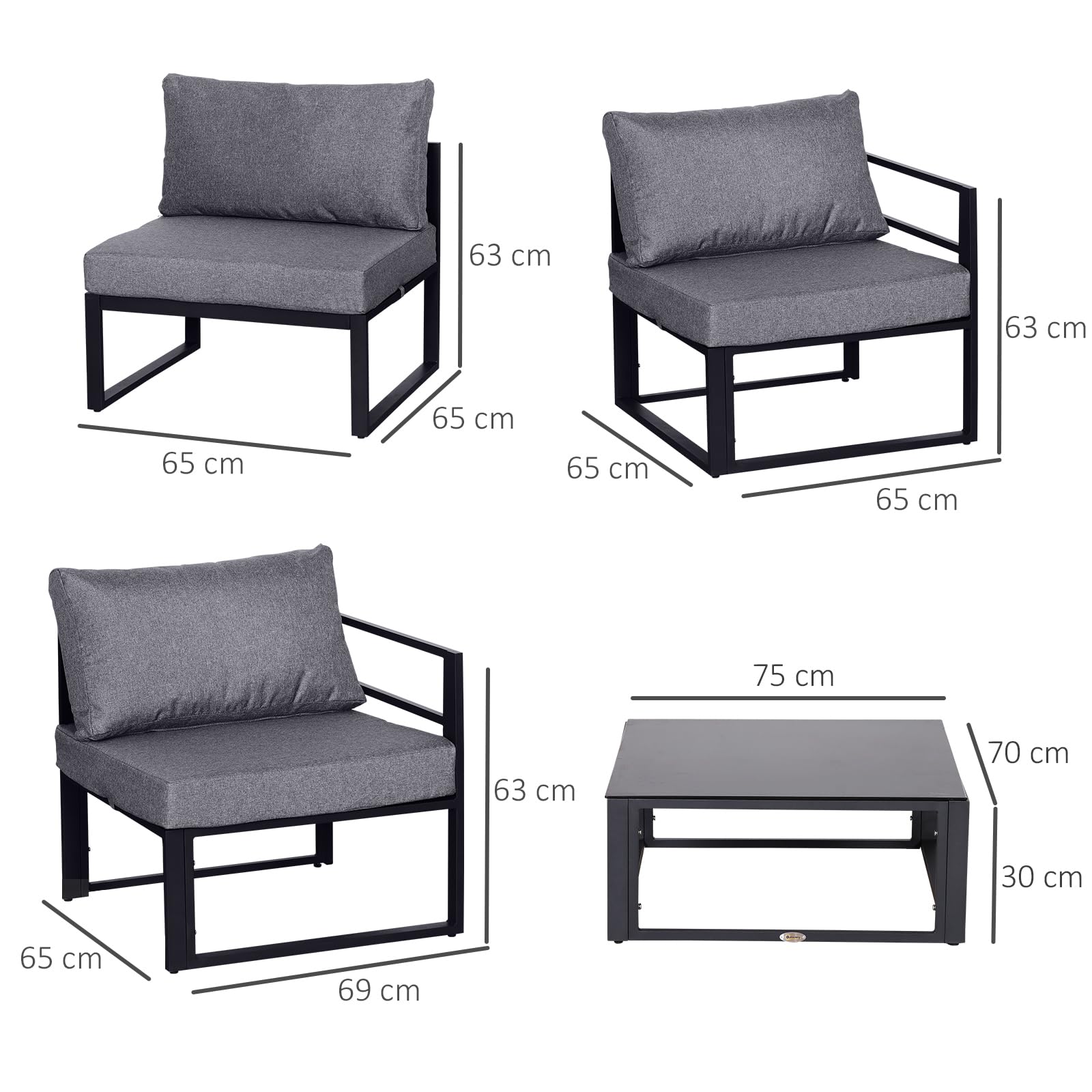 Outsunny 6-TLG. Gartengarnitur Gartenset mit Kissen für 4–5 Personen Grau | Gartensofaset Sitzgruppe Gartenmöbel, Alu+ Polyester + Hartglas, 4 x Sessel, 1 x Ecksofa, 1 x Beistelltisch