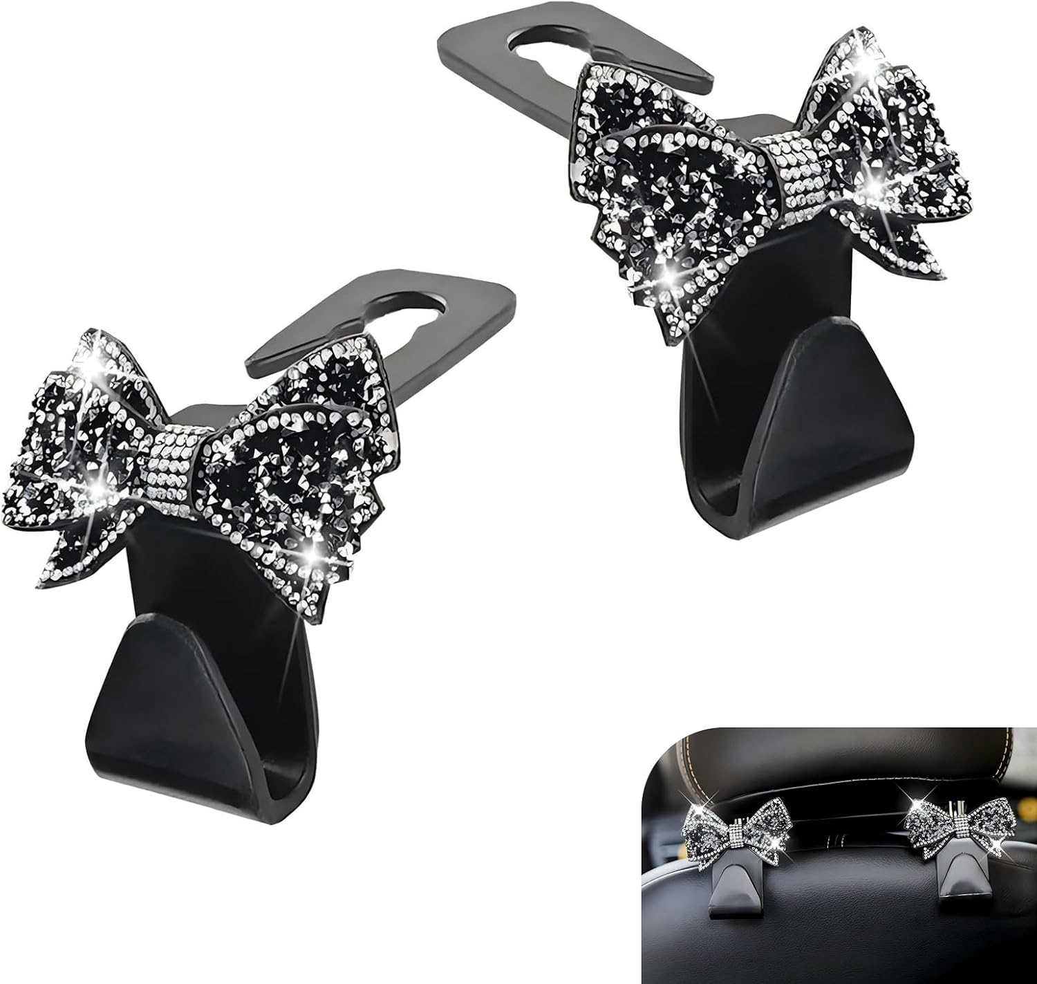 2 PCS Bling Bow Car Seat Headrest Hooks, Sparkling Rhinestone Bow Decorative Hook, Vehicle Rear Seat Hanger for Handbag, Clothes, Coats, Grocery Bags, for Most Vehicles (Black)