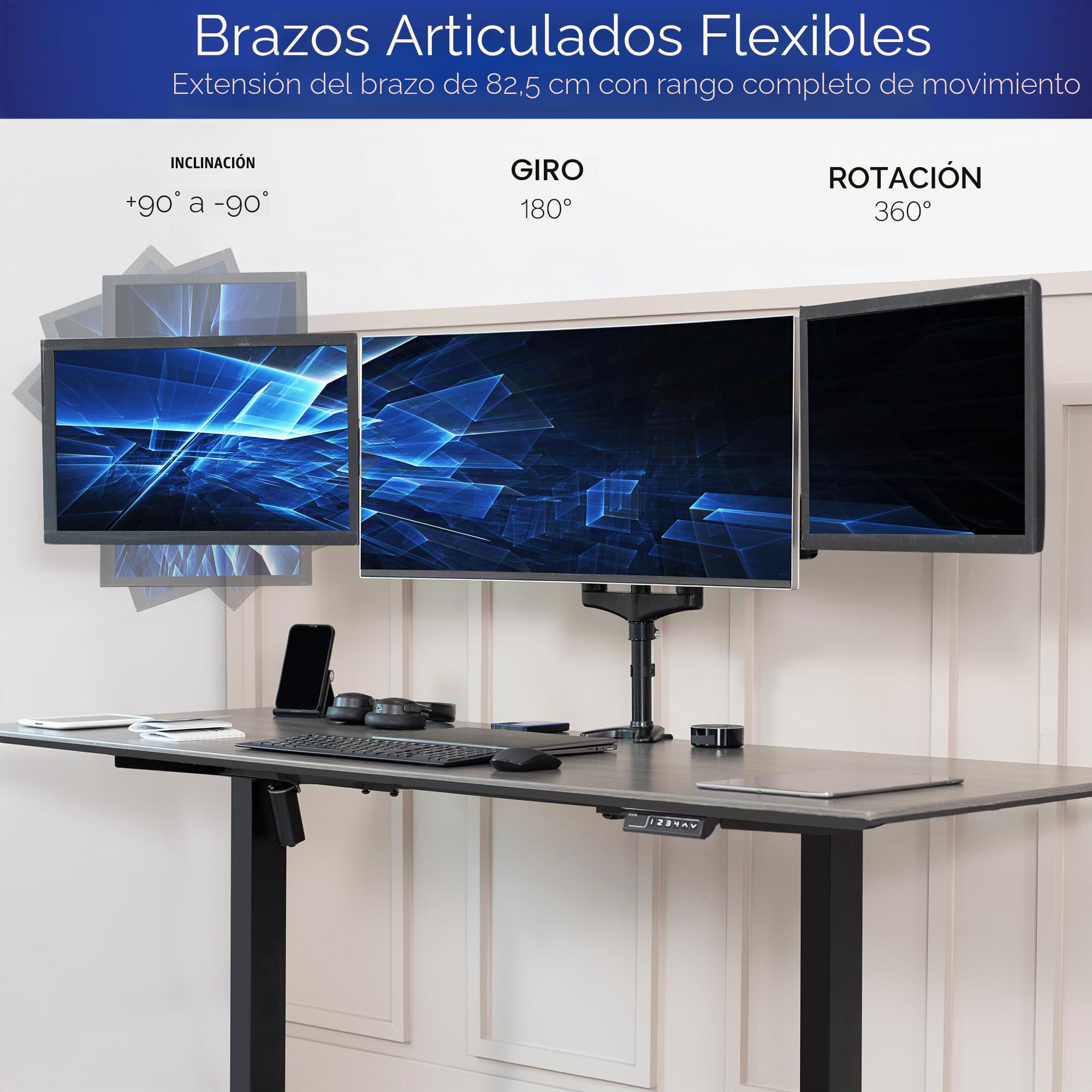 Vivo Soporte neumático Triple para Monitor para 3 Pantallas de hasta 32 Pulgadas, Totalmente Ajustable, Soporte de Escritorio Resistente con Ojal de Abrazadera en C, Negro, STAND-V300G