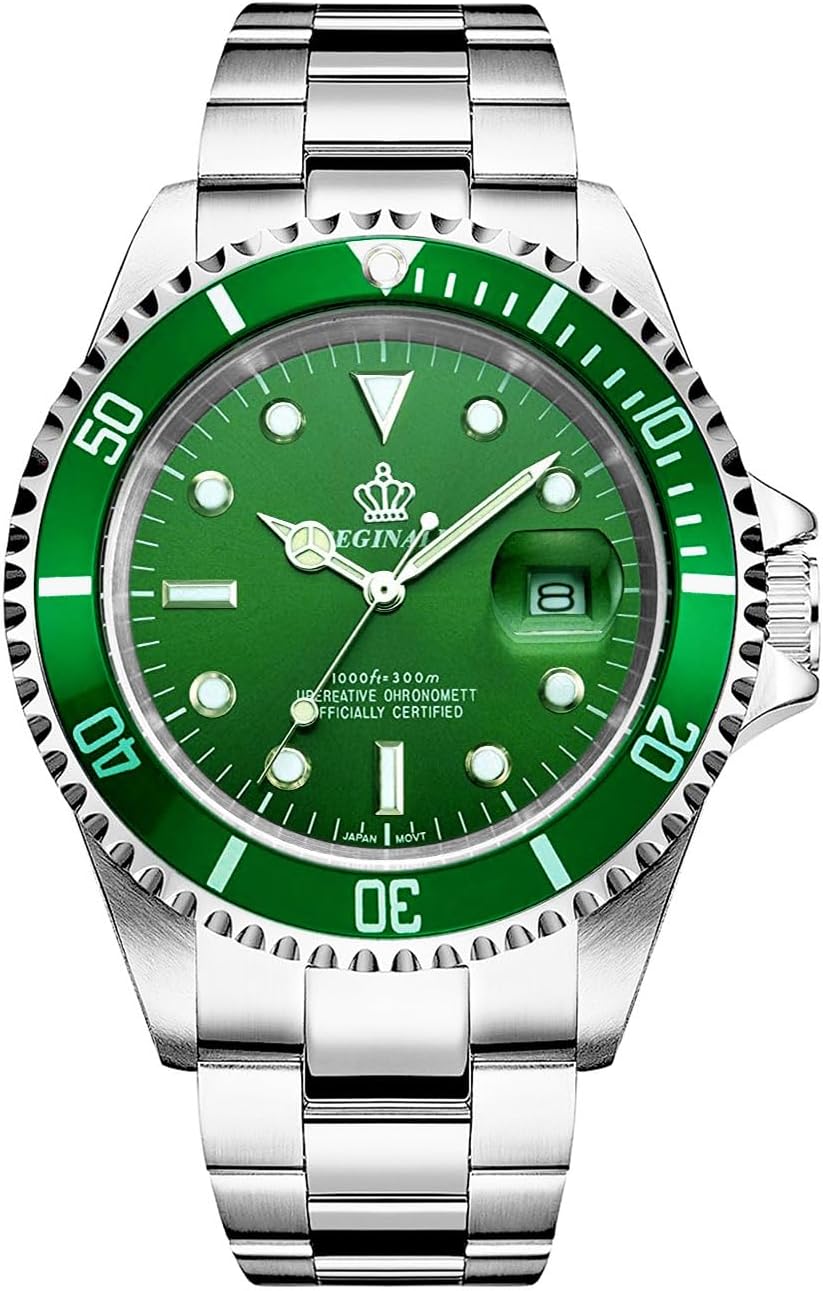 Reginald Men's Watch Luminous Quartz Rotatable Bezel Sapphire Glass Silver Stainless Steel Band and Case Waterproof Sports Black Watch