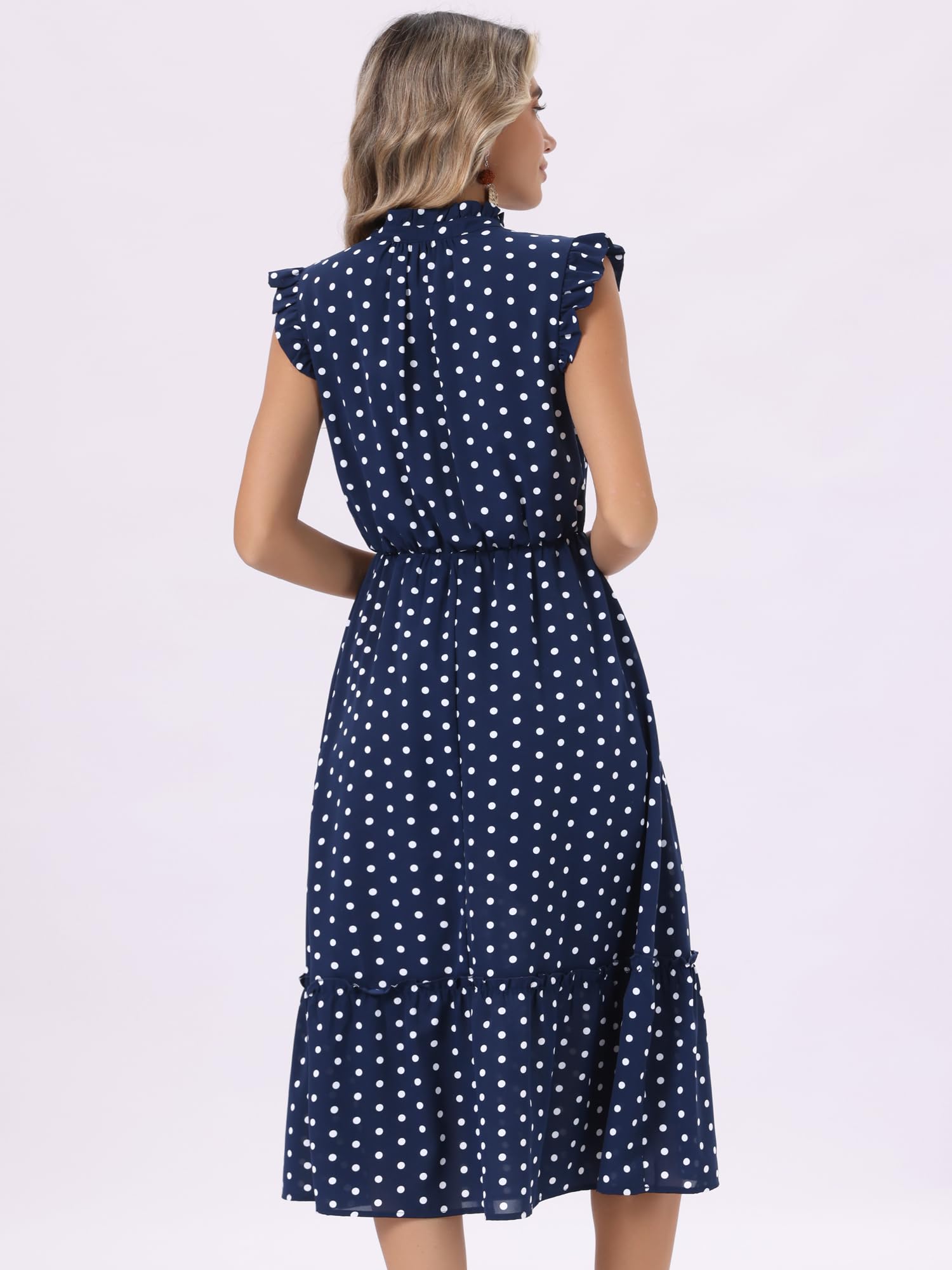 Allegra K Vestido midi de lunares para mujer, cuello anudado, manga con volantes, línea A | Vestidos vintage de los años 50, cintura elástica, fluidos, vestidos casuales de verano con bolsillos laterales