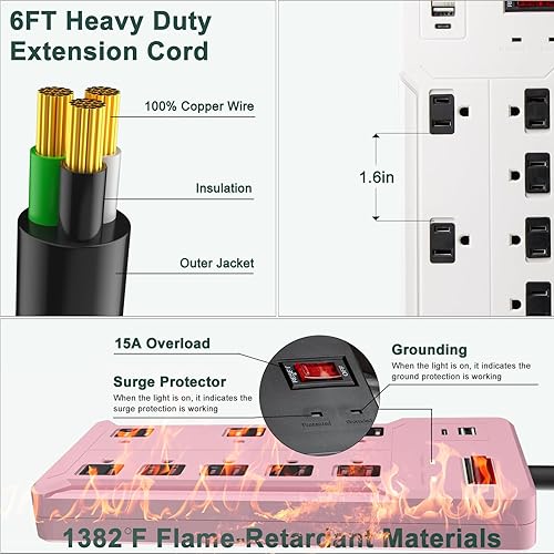 Miniatura 3 de ACOHOOK - Paquete de 3 protectores de sobretensión, 8 salidas y 3 puertos USB, cable de extensión de 6 pies (1875 W15 A), 1200 julios, para el