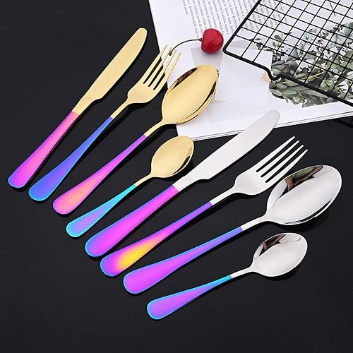 Miniatura 2 de JASHII Juego de cubiertos iridiscentes de acero inoxidable de 32 piezas juego de cubiertos de color arcoíris lindo juego de tenedores de cuchillos