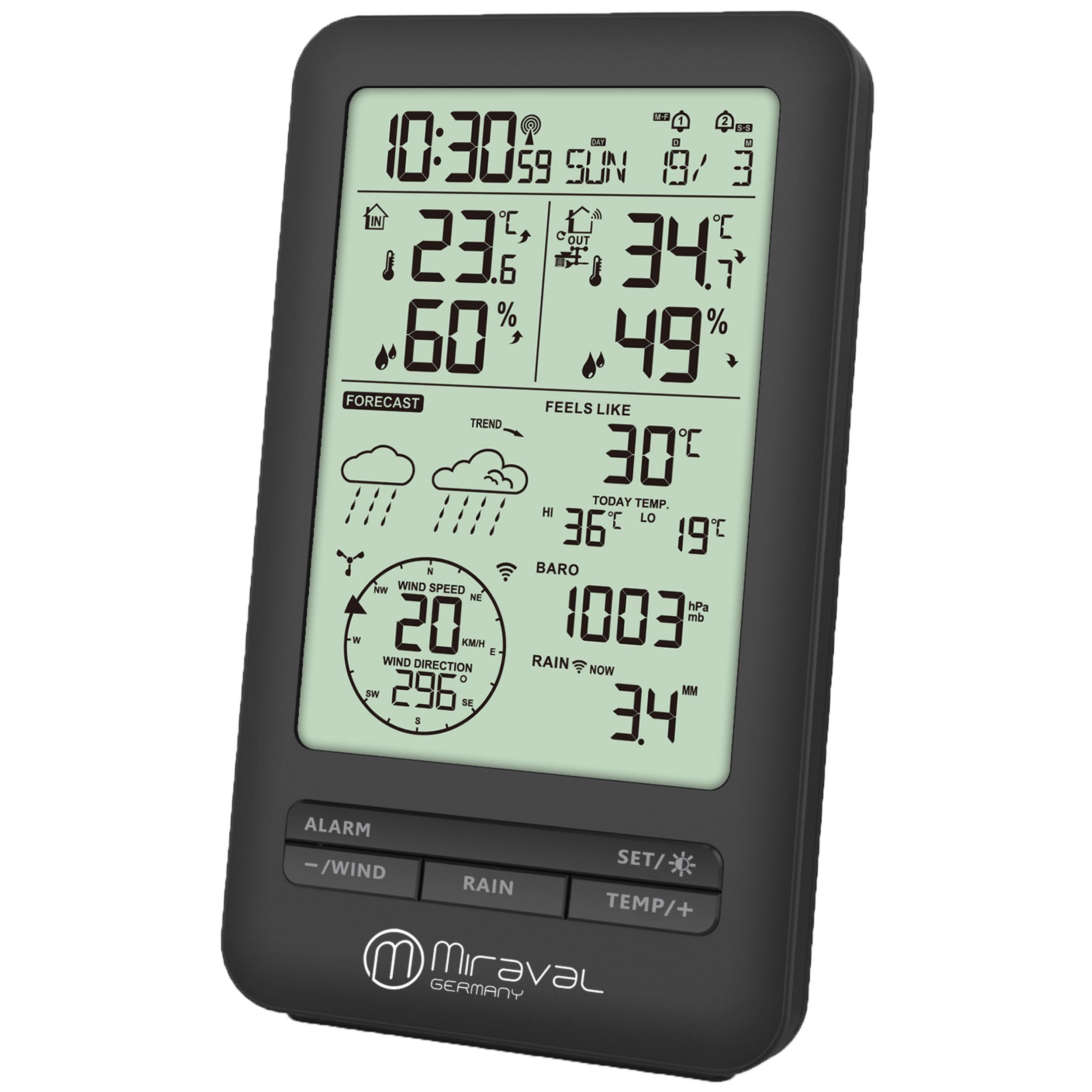 Miraval Funk-Wetterstation mit digitalem Display, Windmesser, Regenmesser, 24-Stunden-Vorhersage