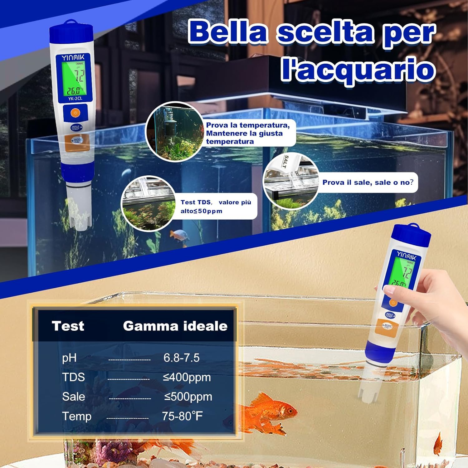 YINMIK Misuratore Digitale pH Cloro Sale per Piscine | Misura ppm, EC/TDS/ORP, Per Idroponica, Per Acquari, Per Acqua Potabile