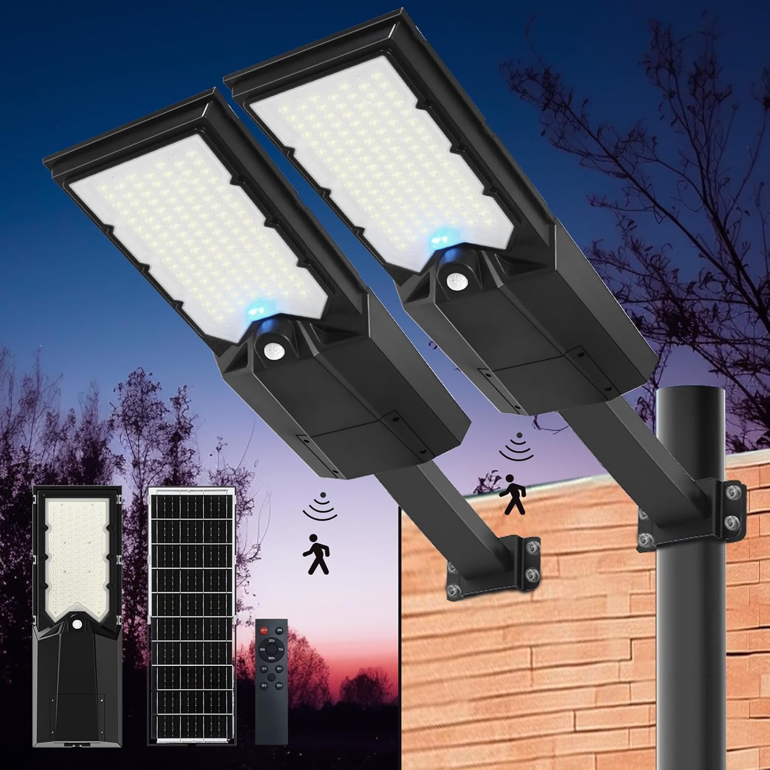 Solar Street Light 3200W 6500K,Solar Motion Sensor Light Outdoor with Remote Control Dusk to Dawn, Solar Flood Lights Outdoor Waterproof IP65 for Parking Lot Yard (3000LM-2PACK)