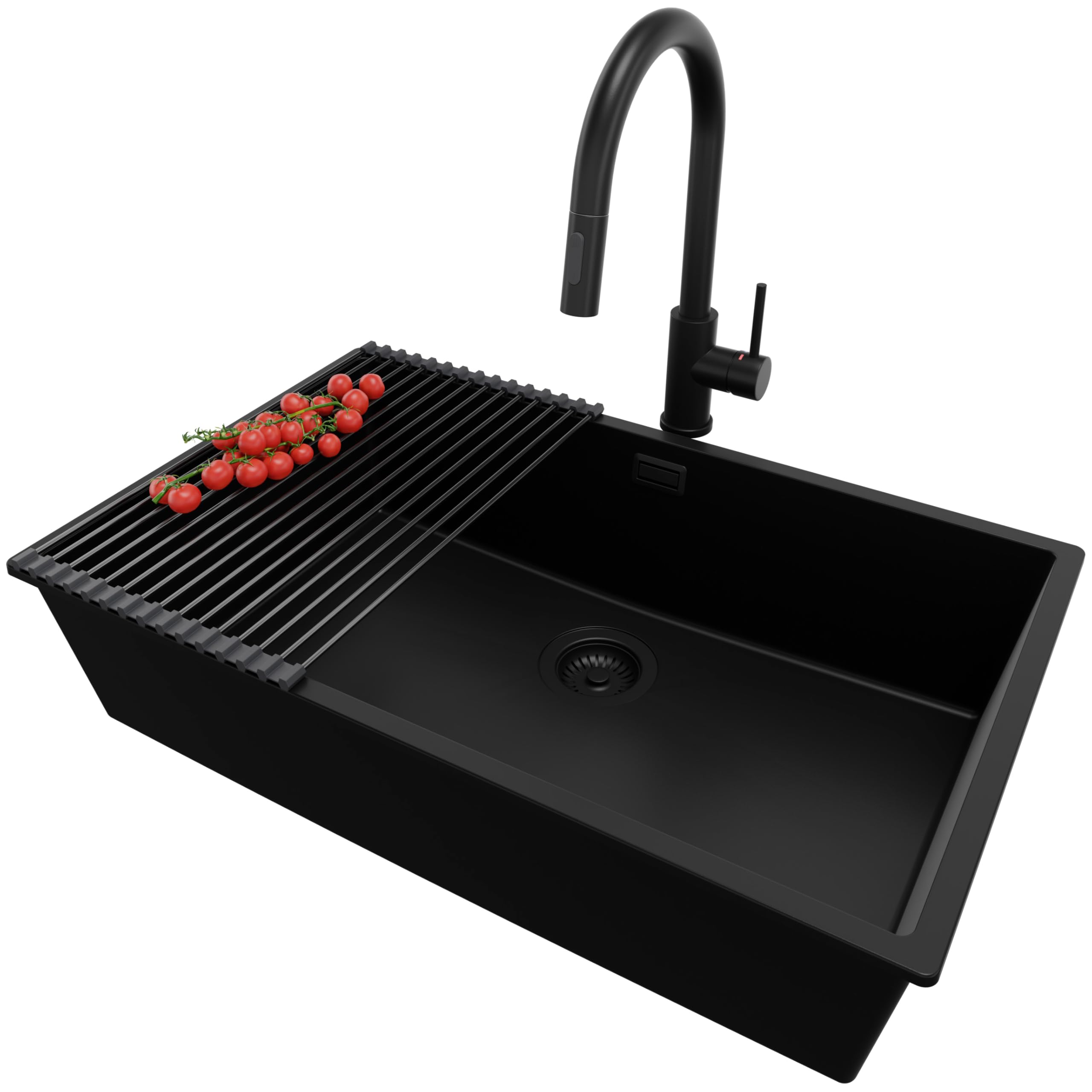 PRIMAGRAN Fregadero Granito Todo Negro 76x47cm, Cocina 1 Seno + Grifo 40x20cm + Sifón + Enrollable Escurridor, Sobre Encimera al Mueble 80cm - London Slim S531