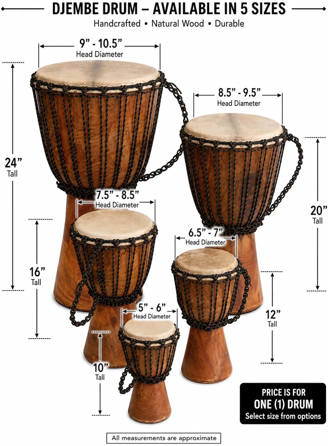  Djembe Beginner Drum 20" Tall 8.5-9.5" Head Mahogany Wood Goat Skin thumbnail