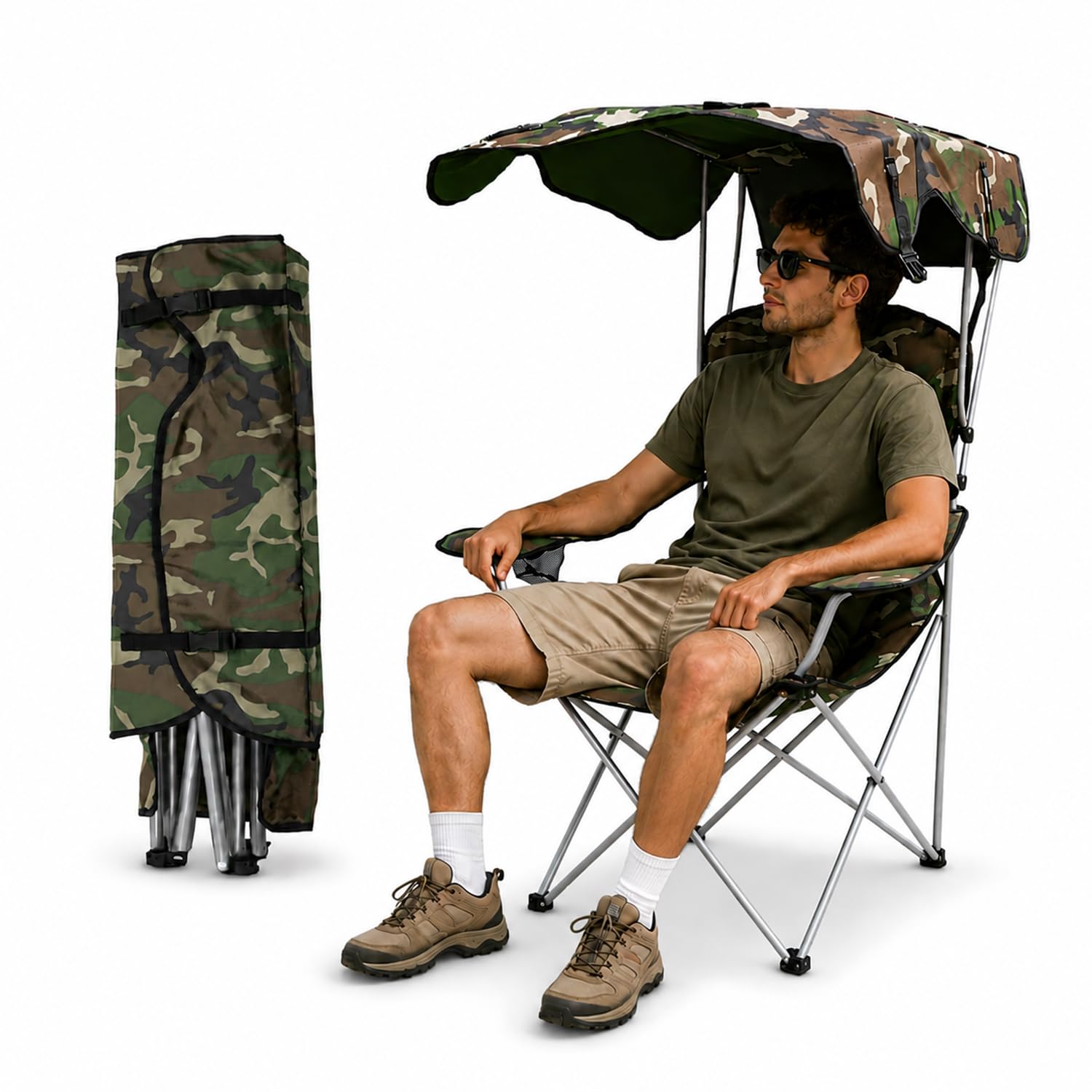 Avilia - Sedia da Campeggio Pieghevole con Tettuccio Parasole – Tessuto Oxford e Acciaio al Carbonio, 120 kg | Sedia Pieghevole Campeggio Camouflage, Aperta L53×P77×A130 cm – Chiusa L19×P19×A87 cm
