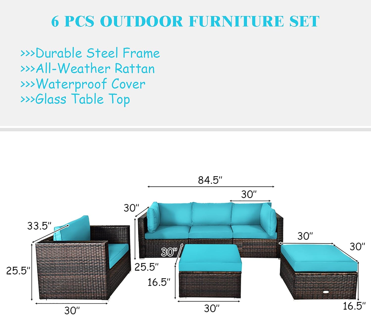 DORTALA 6 Pieces Patio Rattan Sectional Furniture Set, Outdoor Wicker Conversation Set, All Weather PE Wicker Sofa Set with Back and Seat Cushion for Backyard Couch Garden Poolside Balcony, Turquoise