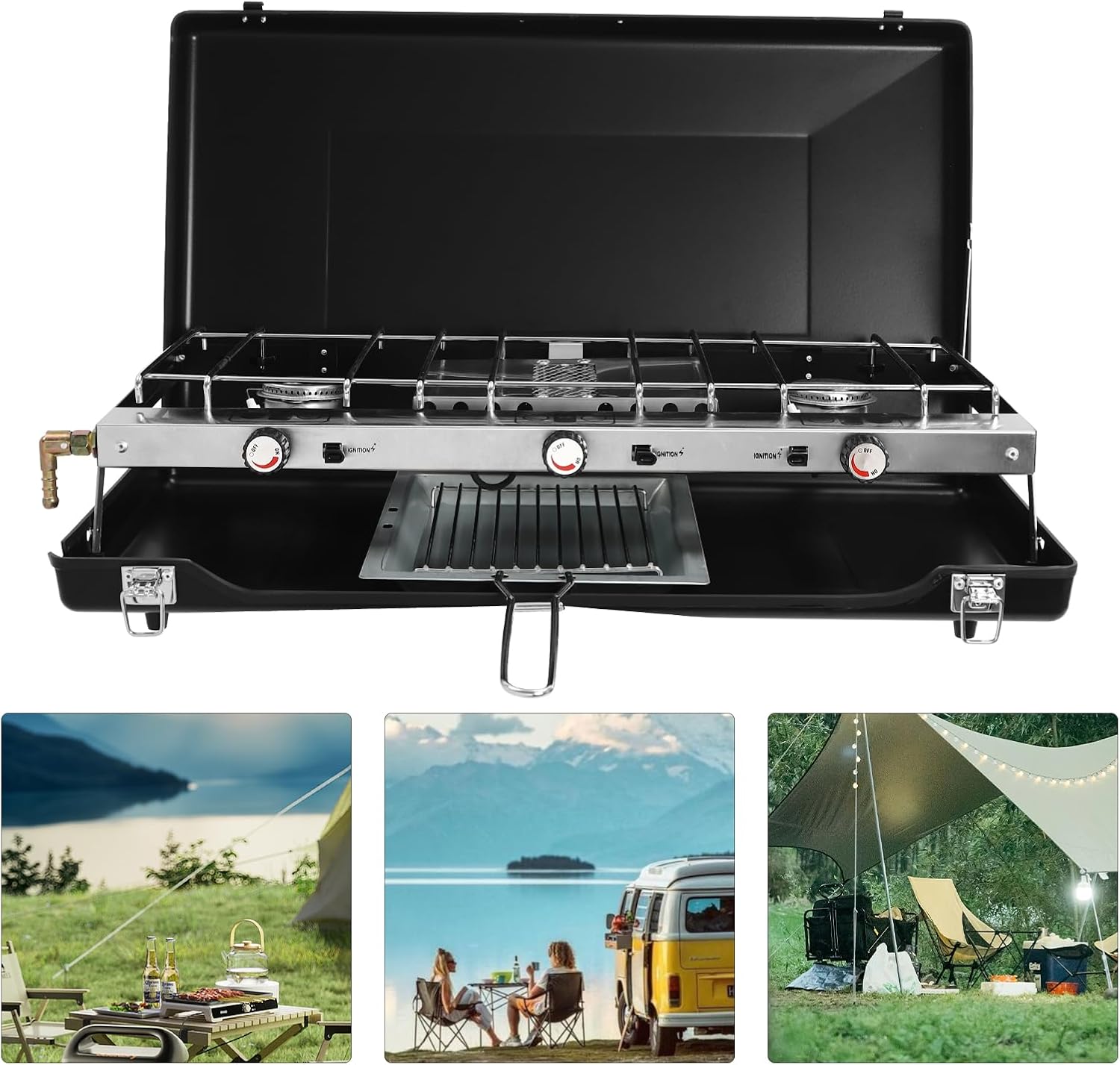 3-Burner Camping Stove Portable Foldable Outdoor Cooking Grill with Windscreen Lid for Camping Picnics and Backpacking