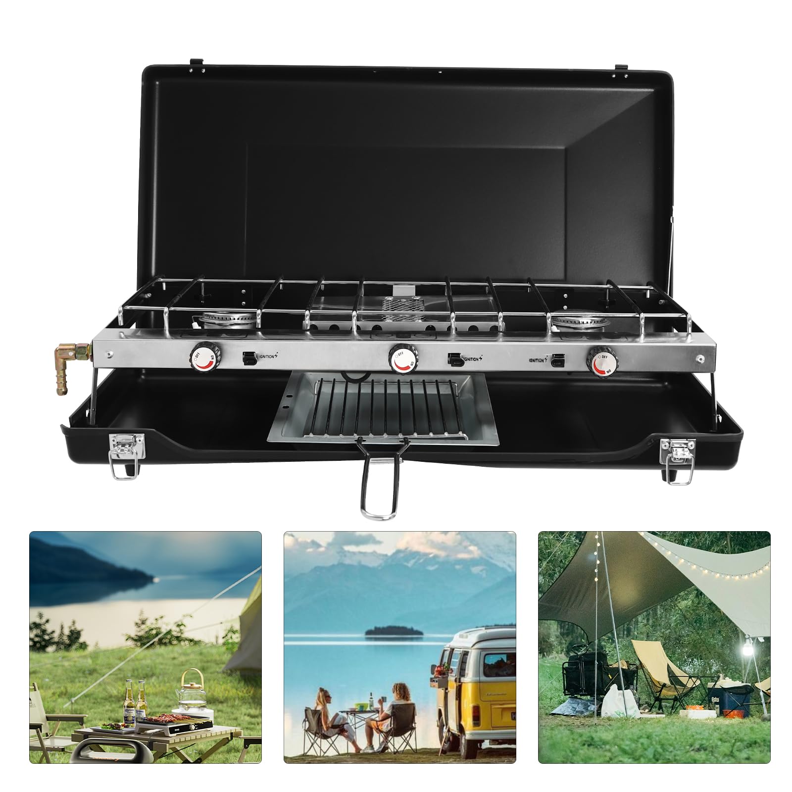 Hornillo de gas para camping de 4,5 kw, encendido piezoeléctrico con regulador de presión de gas de 65 Mbar, cocina de gas portátil con bolsa de almacenamiento para exteriores