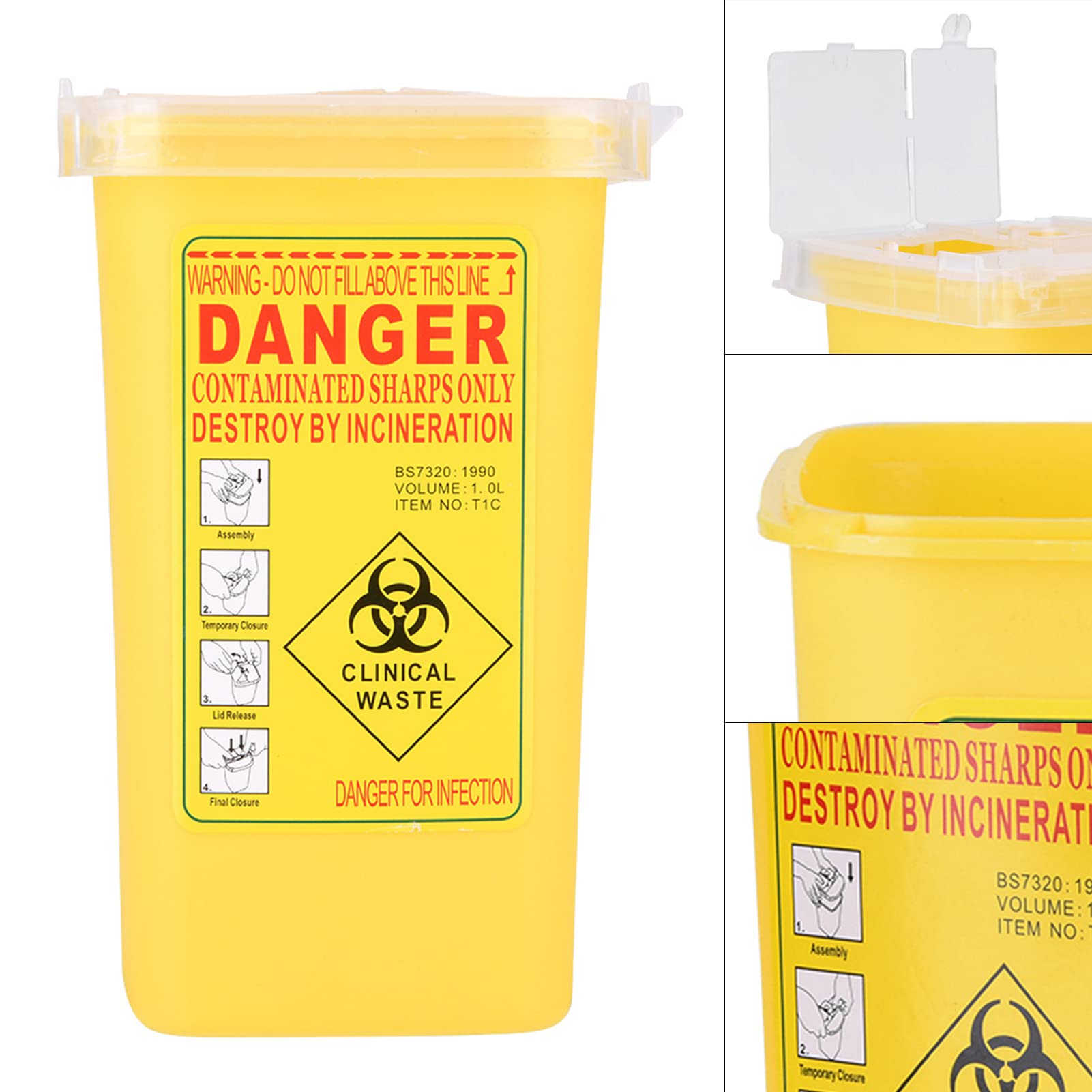Contenitore per Oggetti Taglienti in Plastica Medica 1 Litro con Coperchio Ribaltabile per Smaltimento Aghi